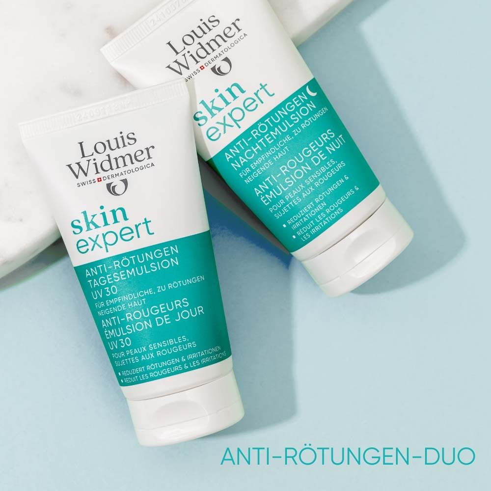 Zwei Tuben skin expert Anti-Rötungen Tages- und Nachtemulsion. Text: Anti-Rötungen-Duo.