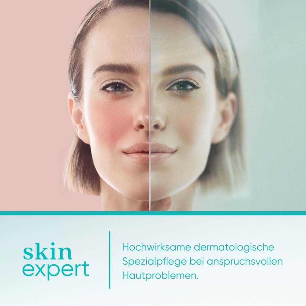 Visage de femme, moitié rouge, moitié normal. Texte: skin expert, soin dermatologique spécial.