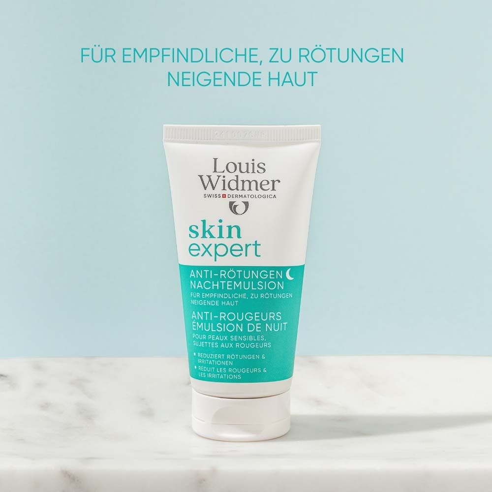 Tube blanc avec texte vert: Louis Widmer skin expert Anti-Rougeurs Émulsion de Nuit. Symbole de lune.