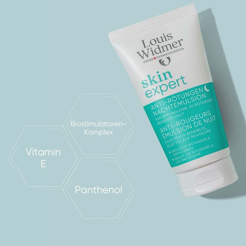 Tube blanc avec texte vert: Louis Widmer skin expert Anti-Rougeurs Émulsion de Nuit. Ajouts: Vitamine E, Panthénol.