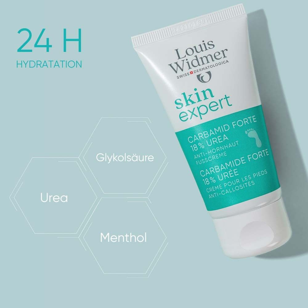 Weisse Tube mit Produktnamen und Text. Text: Carbamid Forte 18% Urea Anti-Hornhaut Fusscreme.