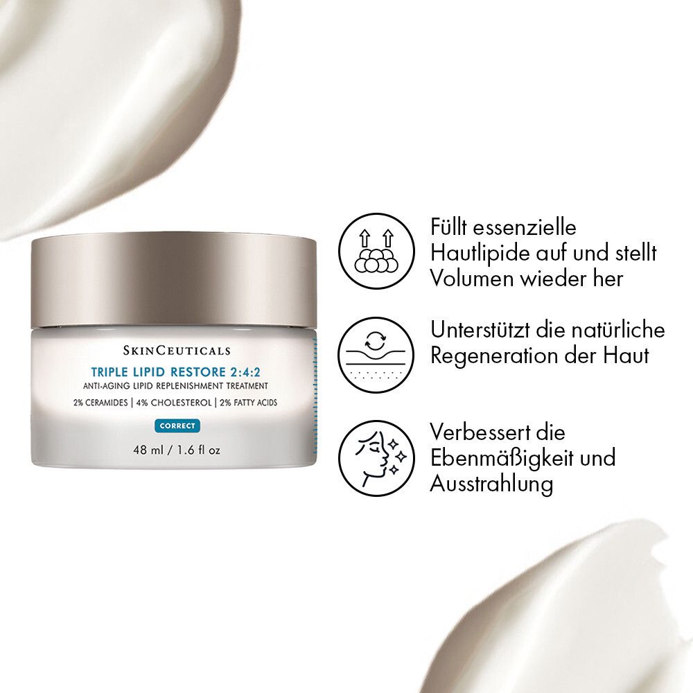 Pot de crème avec couvercle. SkinCeuticals TRIPLE LIPID RESTORE 2:4:2. Texte et icônes. Texture crème.