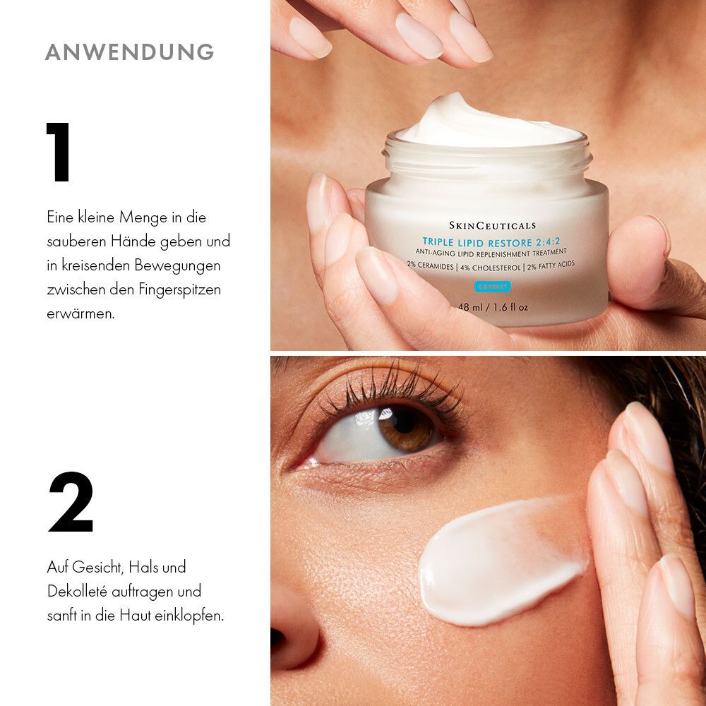 Étapes d'application. Mains avec crème. Visage avec crème. SkinCeuticals TRIPLE LIPID RESTORE 2:4:2.