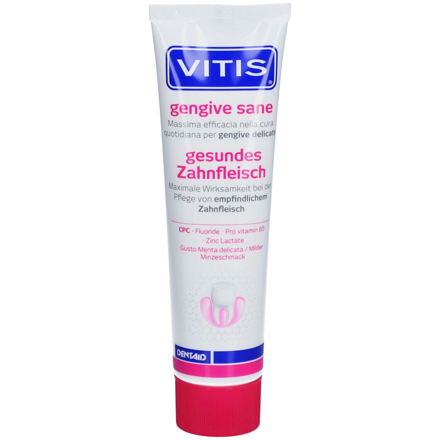 Tube de dentifrice VITIS® Gesundes Zahnfleisch. Tube blanc et bleu avec bouchon rouge. Texte: VITIS, Gesundes Zahnfleisch, Gingive Sane.