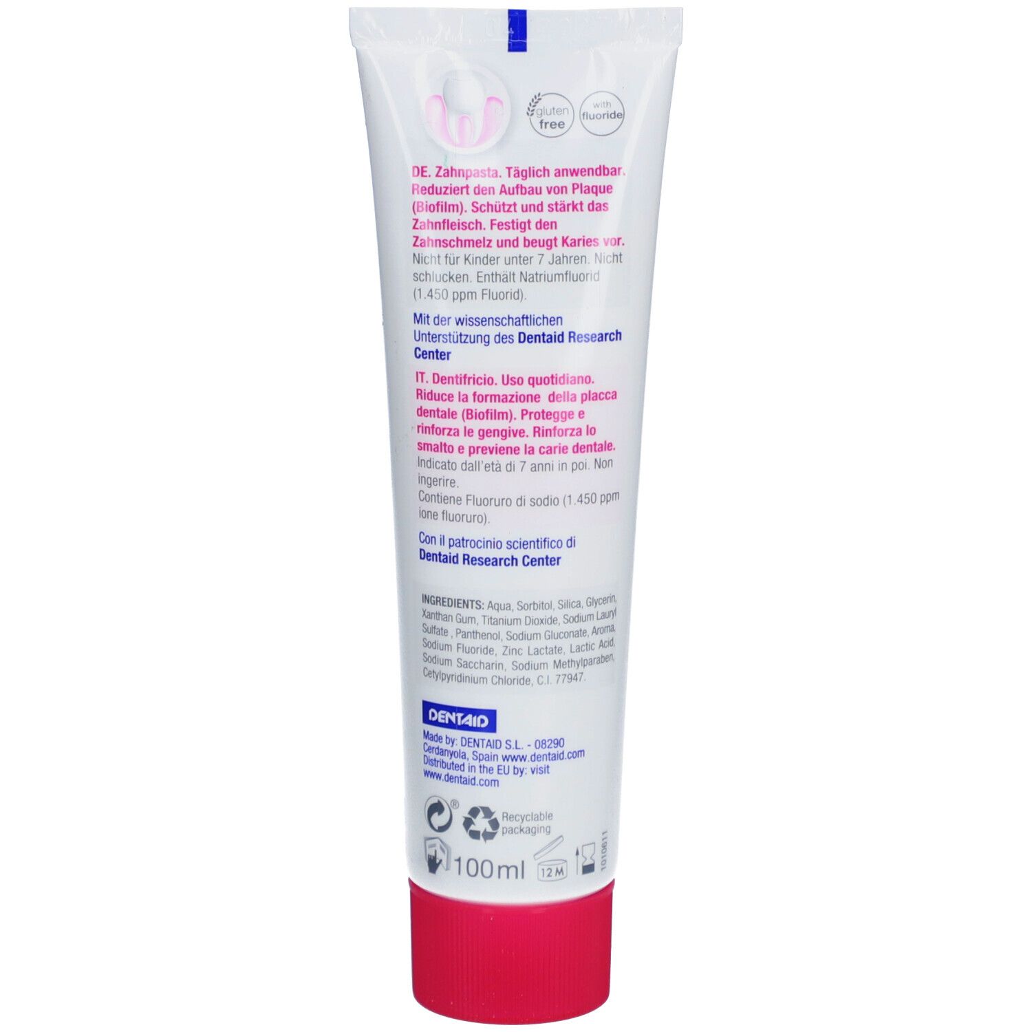 Dos du tube de dentifrice VITIS® Gesundes Zahnfleisch. Texte en allemand et italien. Ingrédients et informations du fabricant.
