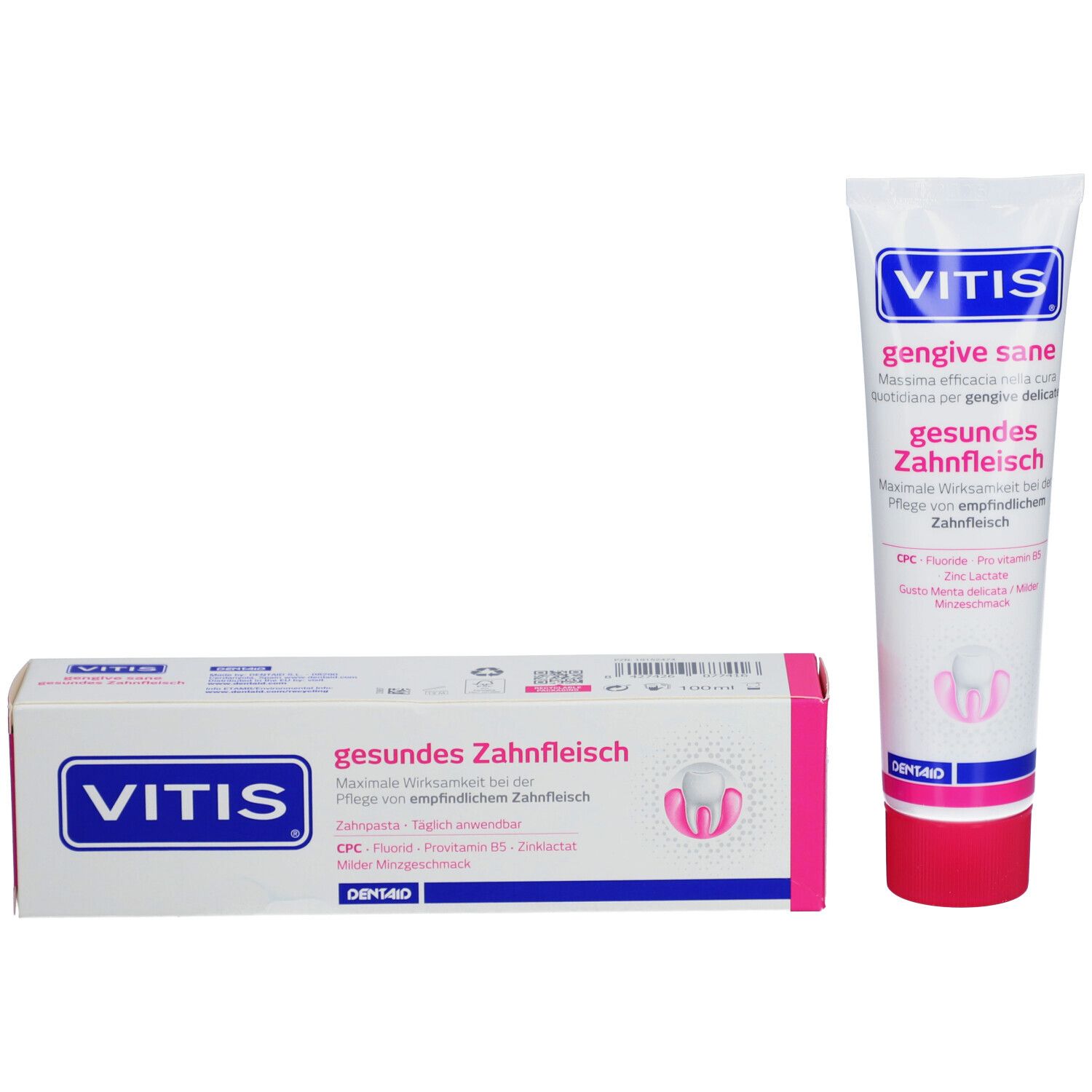 Dentifrice VITIS® Gesundes Zahnfleisch et emballage. Tube blanc et boîte avec des accents roses. Texte: VITIS, Gesundes Zahnfleisch.