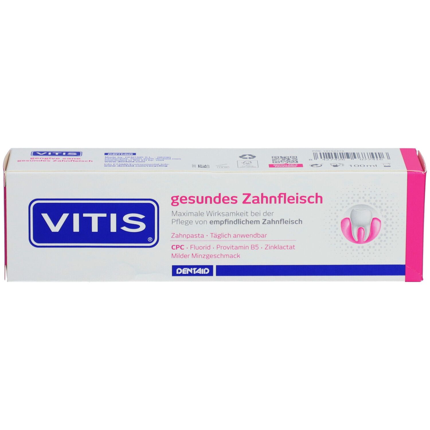 Emballage du dentifrice VITIS® Gesundes Zahnfleisch. Boîte blanche avec des accents roses. Texte: VITIS, Gesundes Zahnfleisch, Zahnpasta.