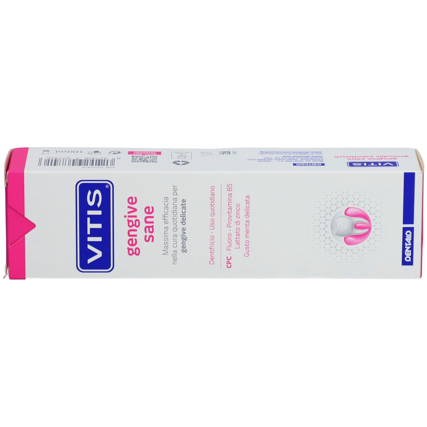 Dessus de l'emballage de VITIS® Gesundes Zahnfleisch. Boîte rose et blanche. Texte: VITIS, Gingive Sane, Dentifricio.