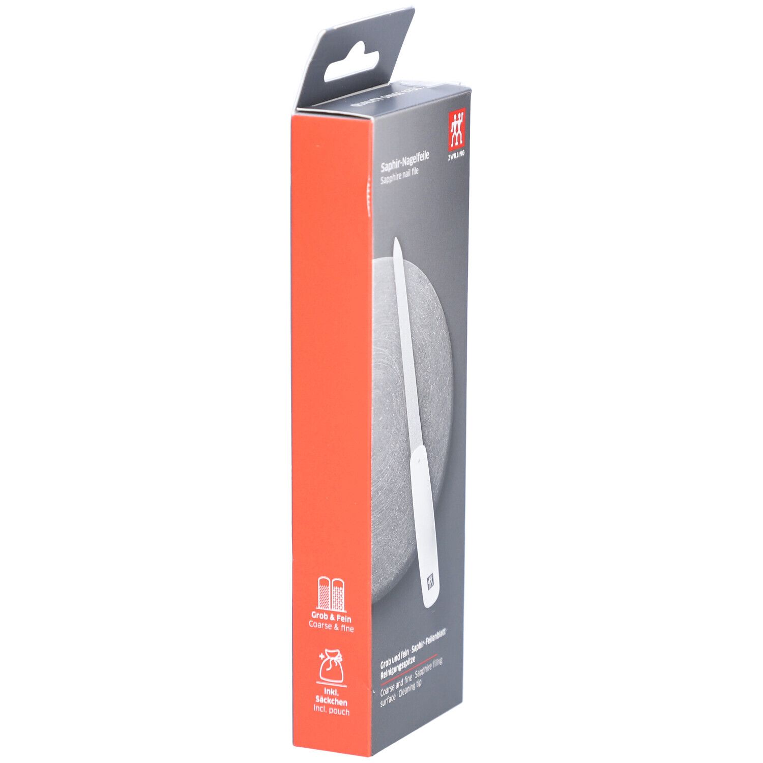 Vue latérale de l'emballage de la lime à ongles ZWILLING Saphir. Carton rouge et gris. Inscription : Saphir-Nagelfeile, logo ZWILLING. Grossier et fin.