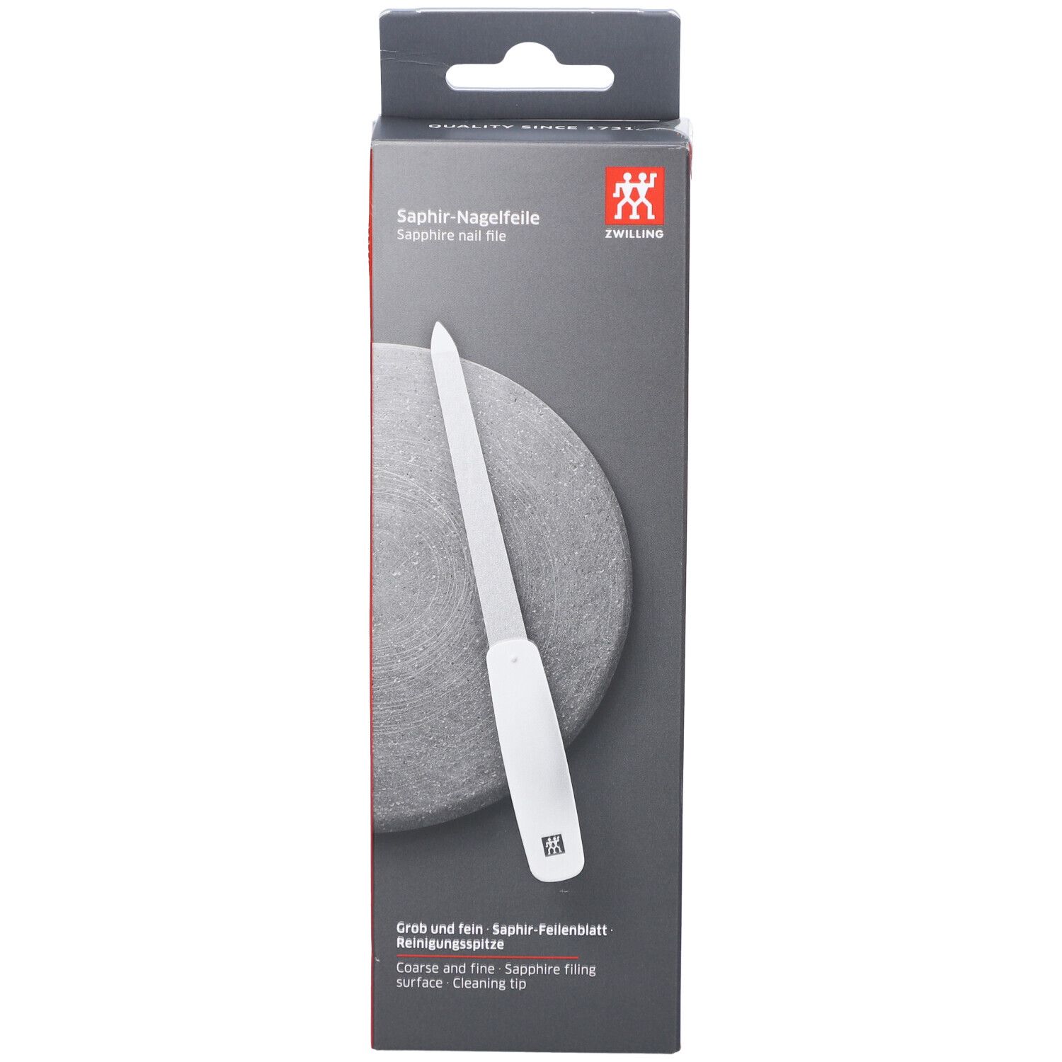 Emballage de la lime à ongles ZWILLING Saphir. Manche blanc, surface de limage grise. Inscription : Saphir-Nagelfeile, logo ZWILLING. Grossier et fin.