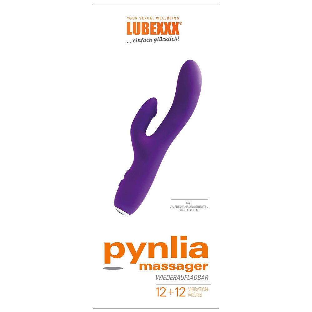 Masseur pynlia violet. Nom et marque visibles. Rechargeable. 12+12 modes de vibration.