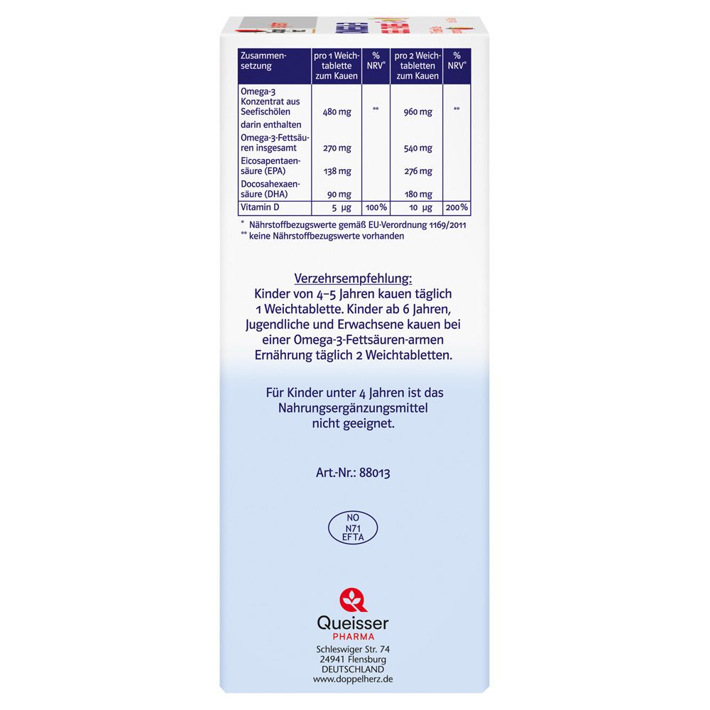 Rückseite der Doppelherz system OMEGA-3 GEL-TABS Family Packung. Nährwerttabelle und Verzehrempfehlung.