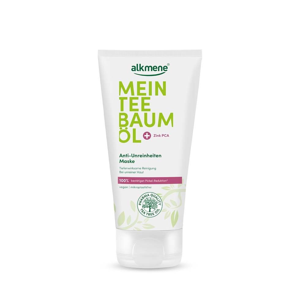 Weiße Tube mit grünem und pinkfarbenem Aufdruck. Text: alkmene, Mein Teebaumöl, Anti-Unreinheiten Maske. Pharma Quality Siegel.