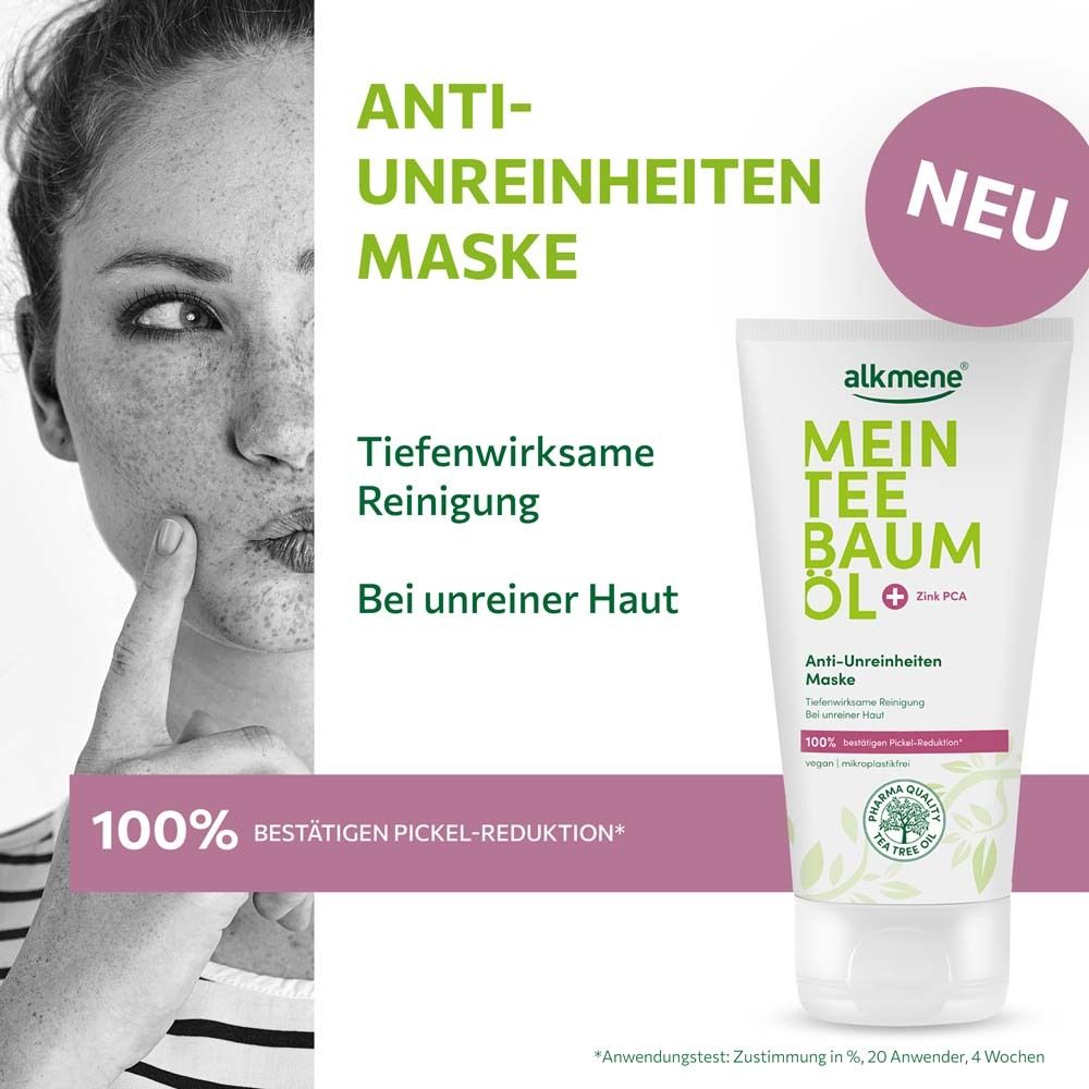 Frau mit Pickeln, die sich das Gesicht berührt. Daneben Tube mit Text: alkmene, Mein Teebaumöl, Anti-Unreinheiten Maske. Aufdruck: 100% Pickel-Reduktion.