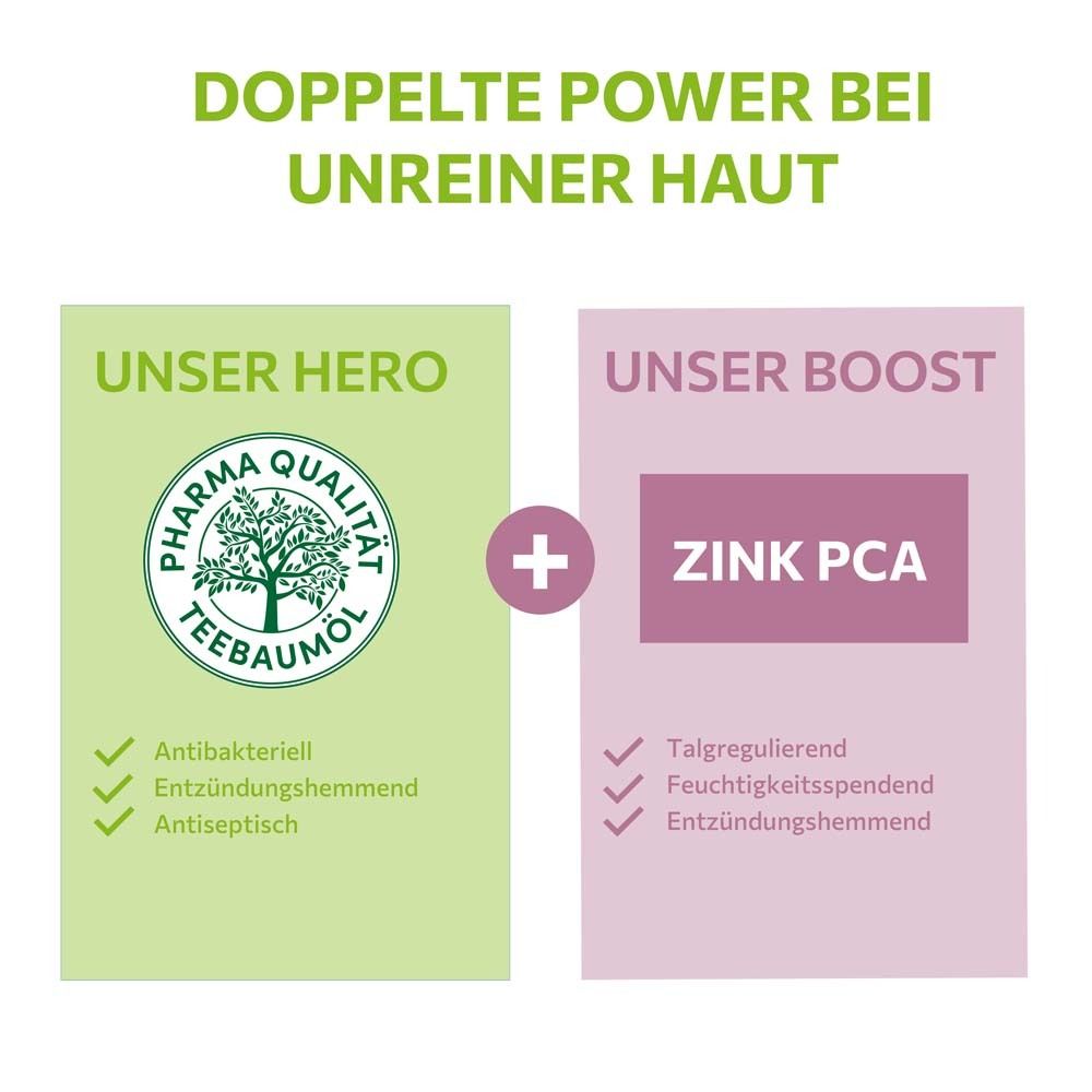Zwei farbige Blöcke. Links: Pharma Quality Teebaumöl Siegel. Rechts: Zink PCA. Text: antibakteriell, entzündungshemmend, antiseptisch.