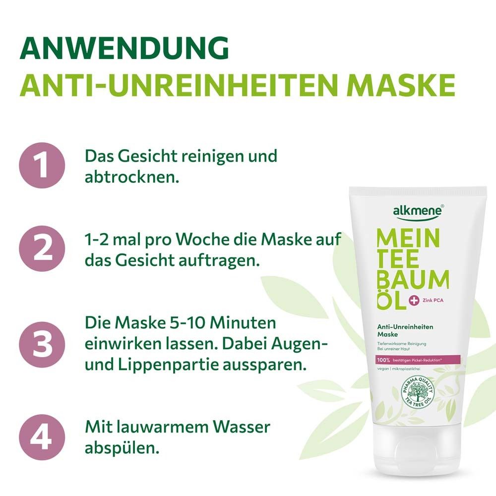Anwendungsschritte für die Anti-Unreinheiten Maske. 1. Gesicht reinigen. 2. Maske auftragen. 3. Einwirken lassen. 4. Abspülen. Daneben Tube.