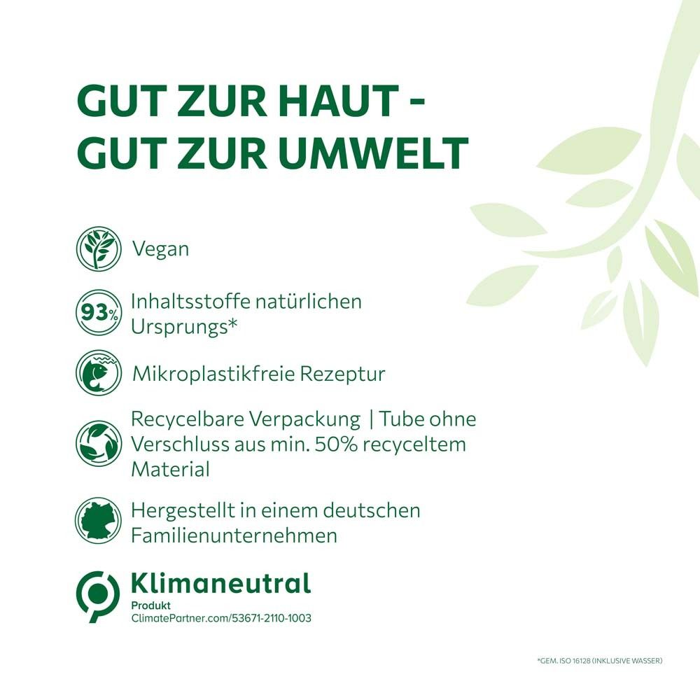 Text: Gut zur Haut - Gut zur Umwelt. Vegan, 93% Inhaltsstoffe natürlichen Ursprungs, mikroplastikfreie Rezeptur, recycelbare Verpackung, klimaneutral.