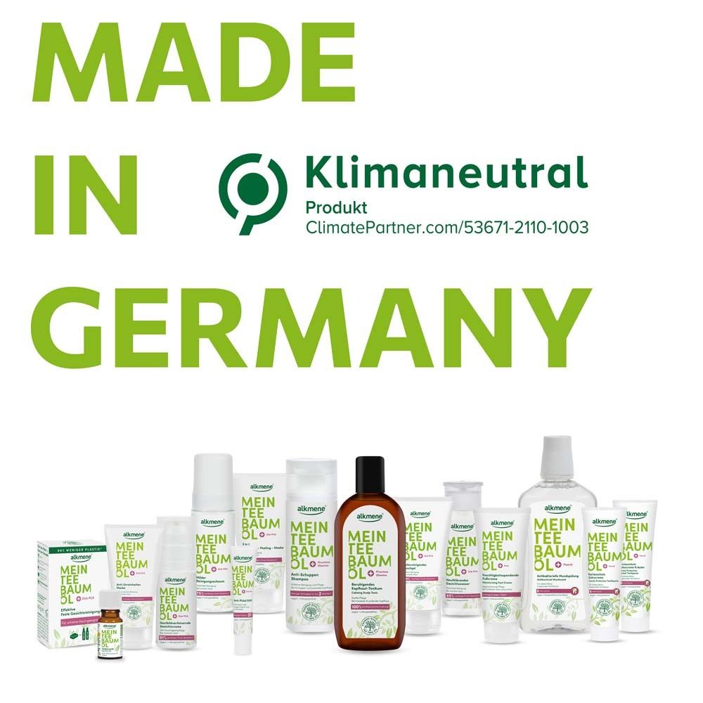 Text: Made in Germany. Klimaneutral Produkt. Verschiedene alkmene® Produkte auf weißem Hintergrund.