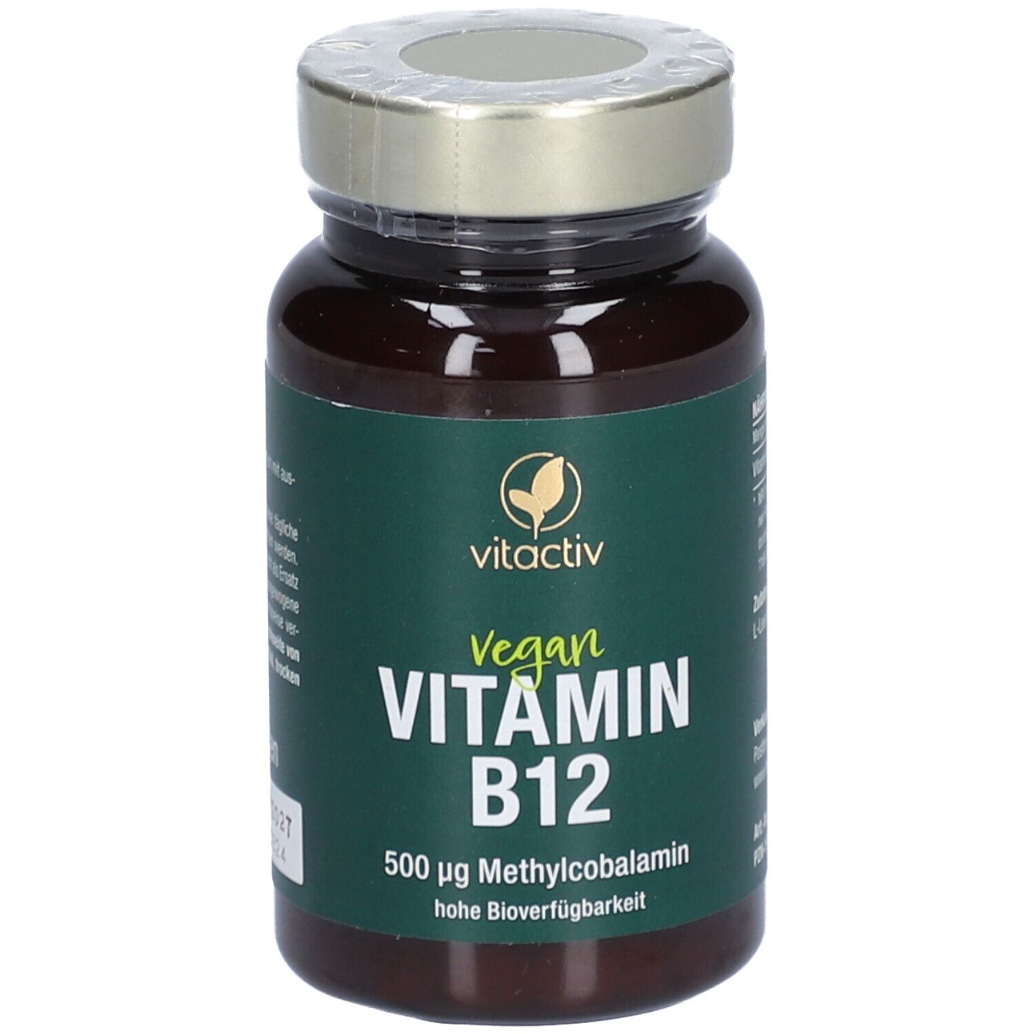 Bouteille marron avec comprimés. Logo vitactiv. Texte : Vegan Vitamine B12. 500 µg Méthylcobalamine.
