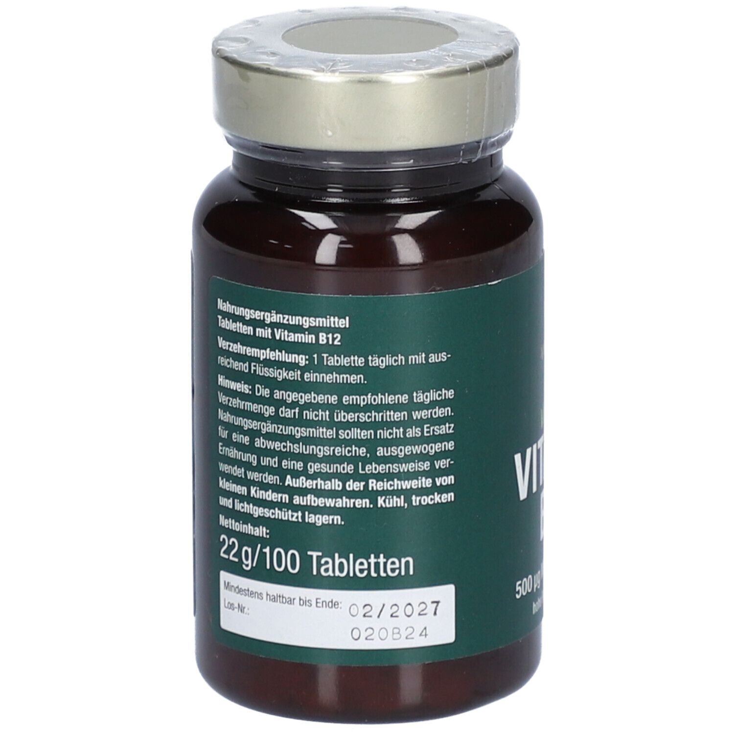 Dos de la bouteille. Texte : Complément alimentaire. 22g/100 comprimés. A consommer de préférence avant 02/2027.