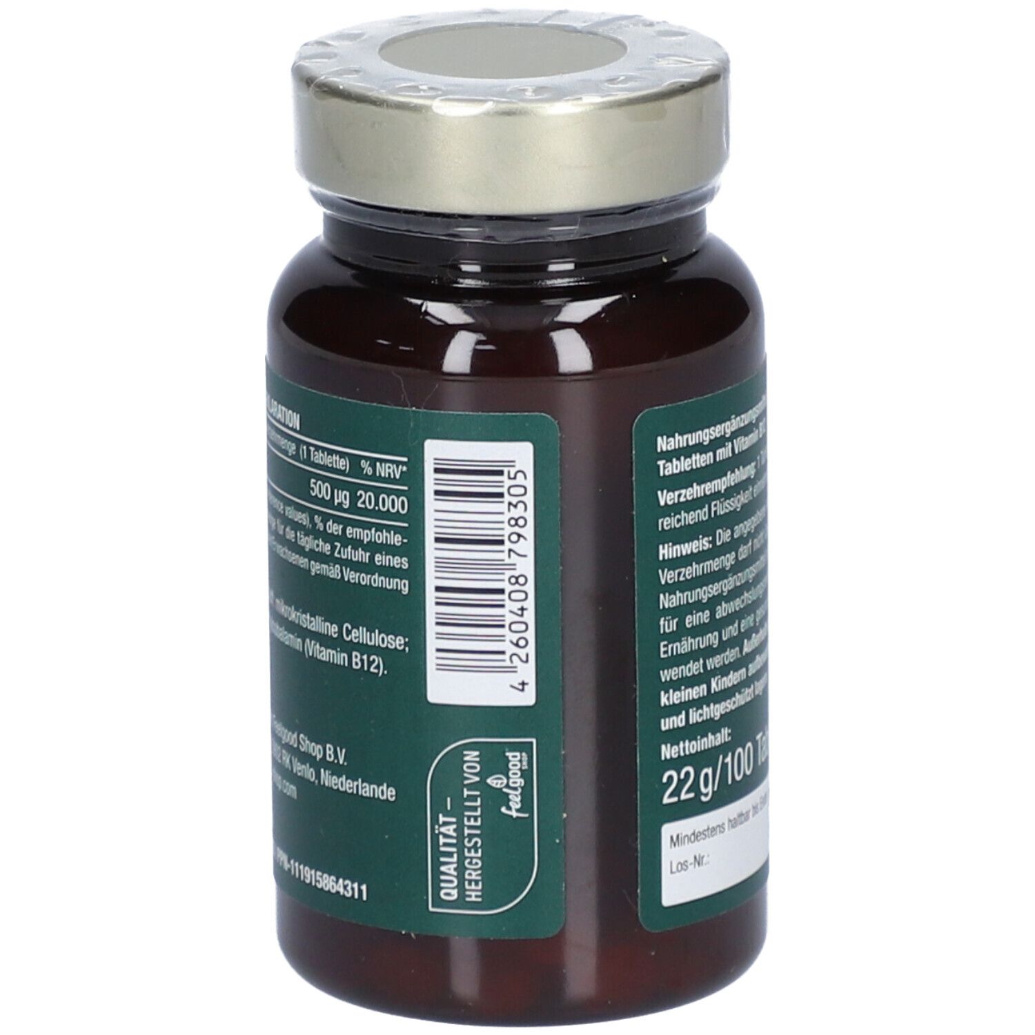 Dos de la bouteille. Texte : Déclaration nutritionnelle. 22g/100 comprimés. Code-barres.