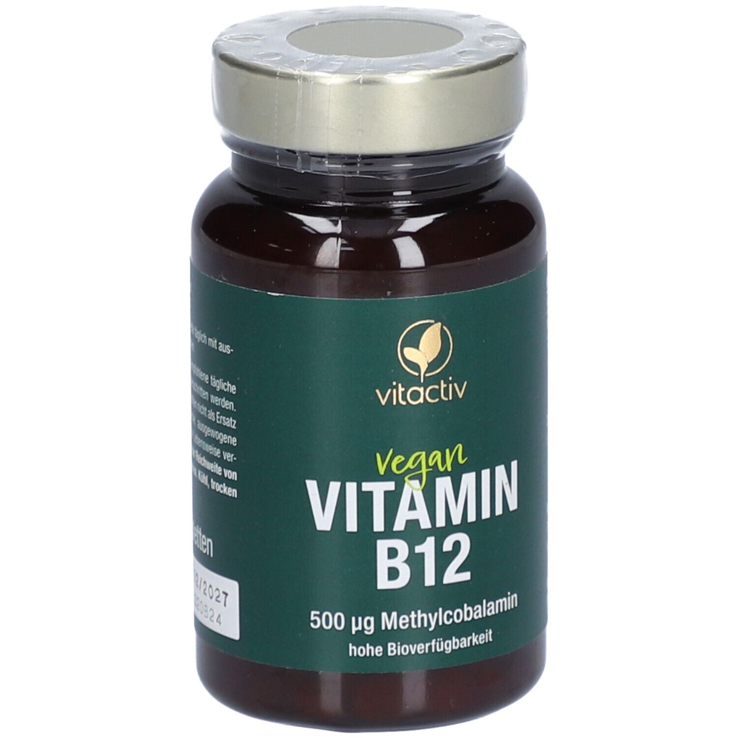 Bouteille marron avec comprimés. Logo vitactiv. Texte : Vegan Vitamine B12. 500 µg Méthylcobalamine.