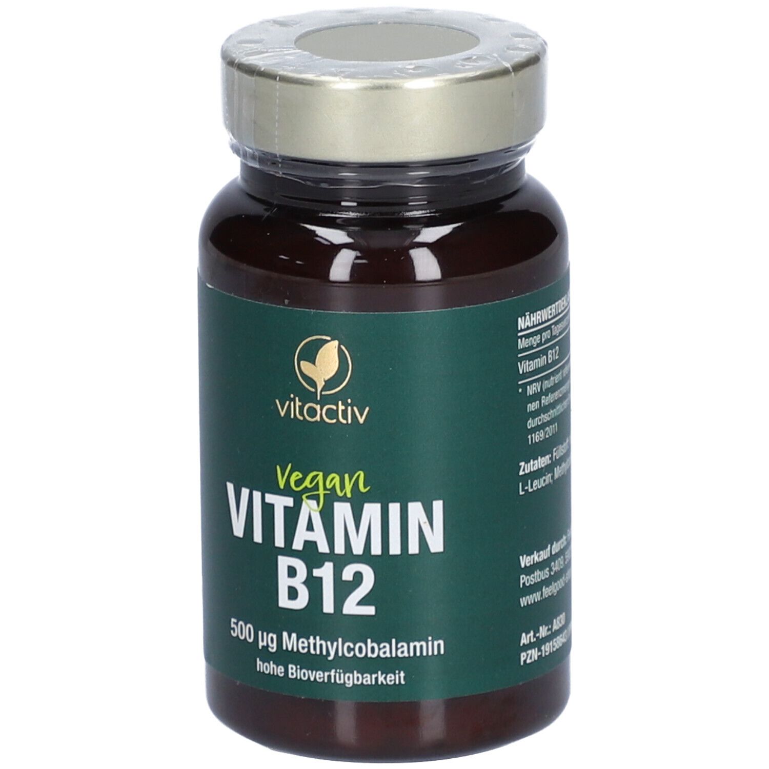 Bouteille marron avec comprimés. Logo vitactiv. Texte : Vegan Vitamine B12. 500 µg Méthylcobalamine.