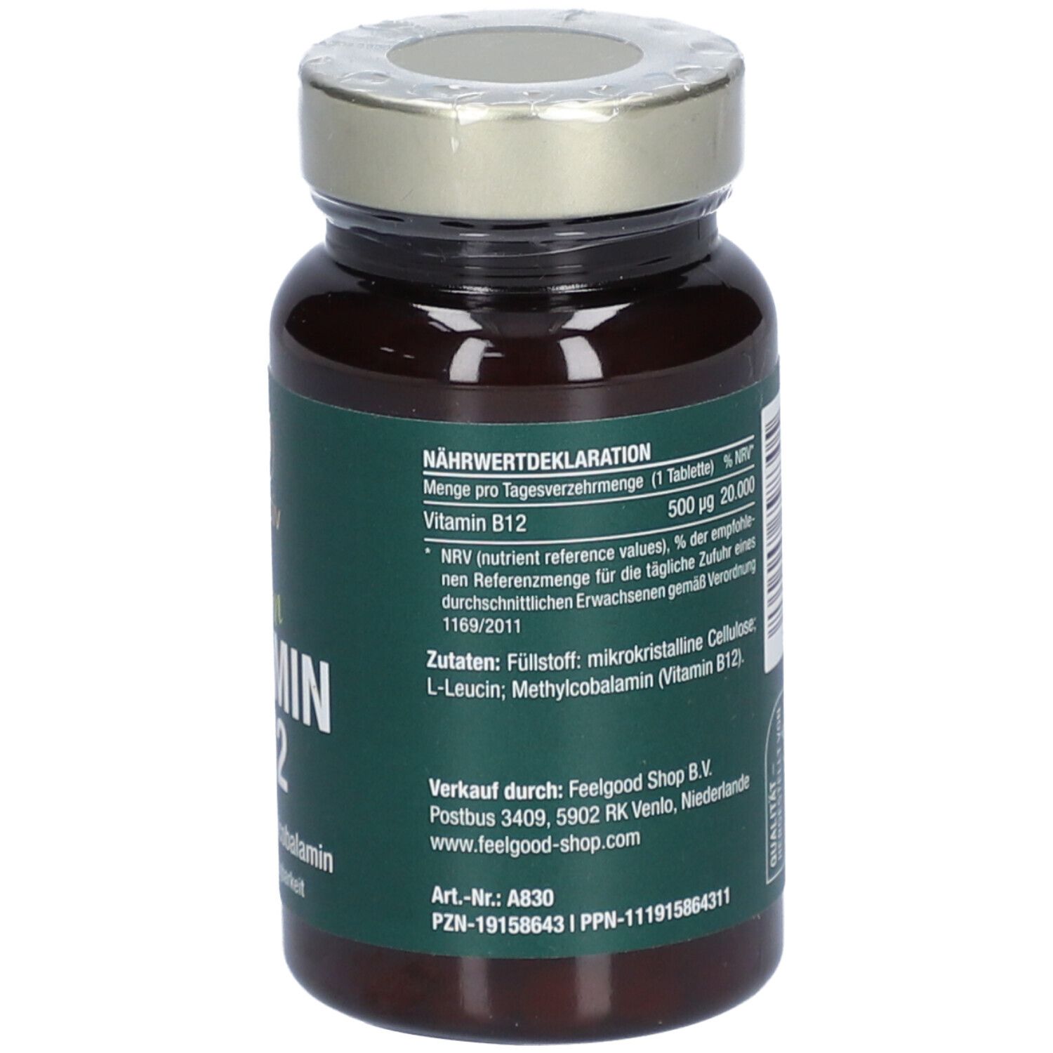 Dos de la bouteille. Texte : Déclaration nutritionnelle. 22g/100 comprimés. Vendu par Feelgood Shop.