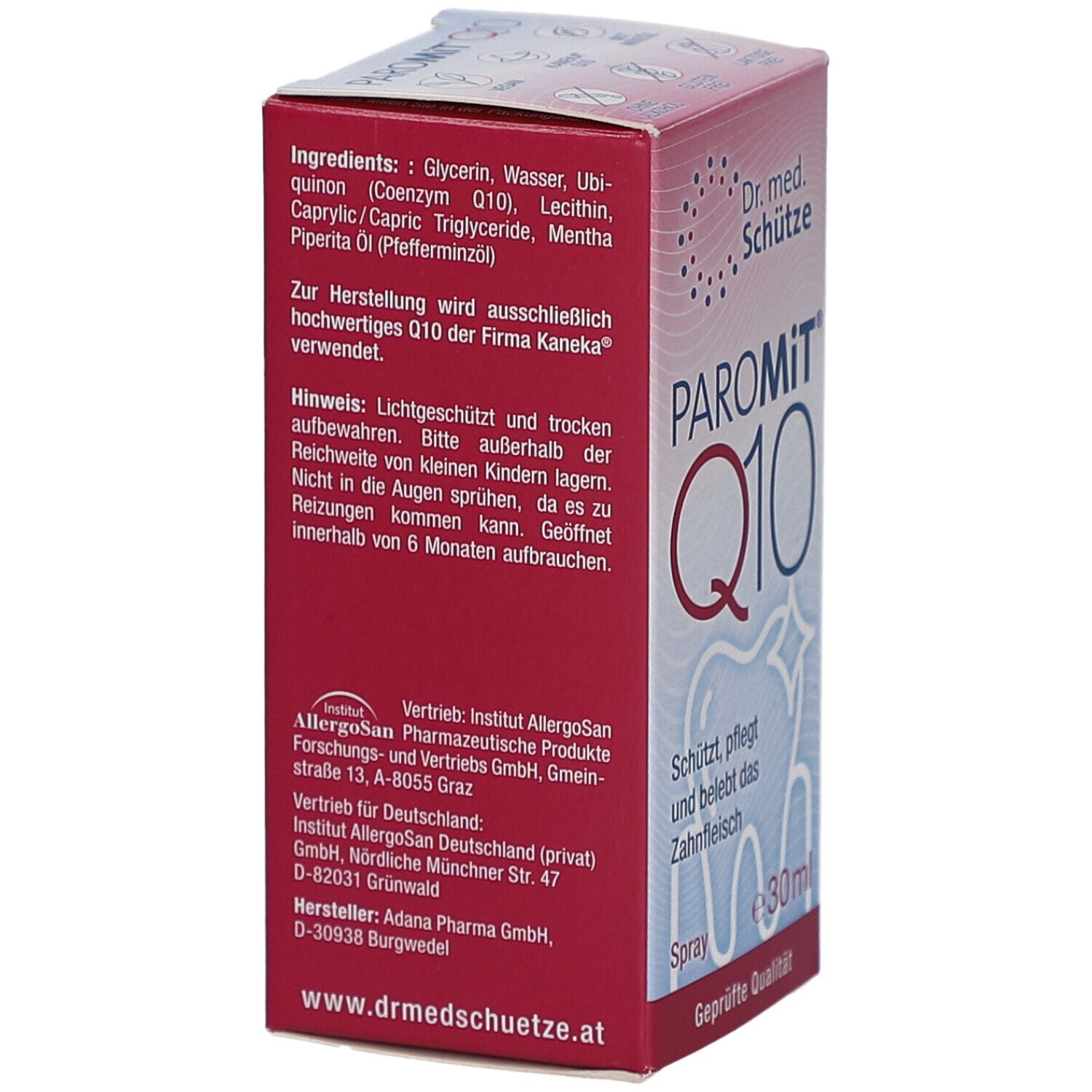 Karton PAROMIT Q10 Spray. Aufschrift: PAROMIT Q10, Dr. med. Schütze. Enthält 30ml. Inhaltsstoffe auf der Verpackung.