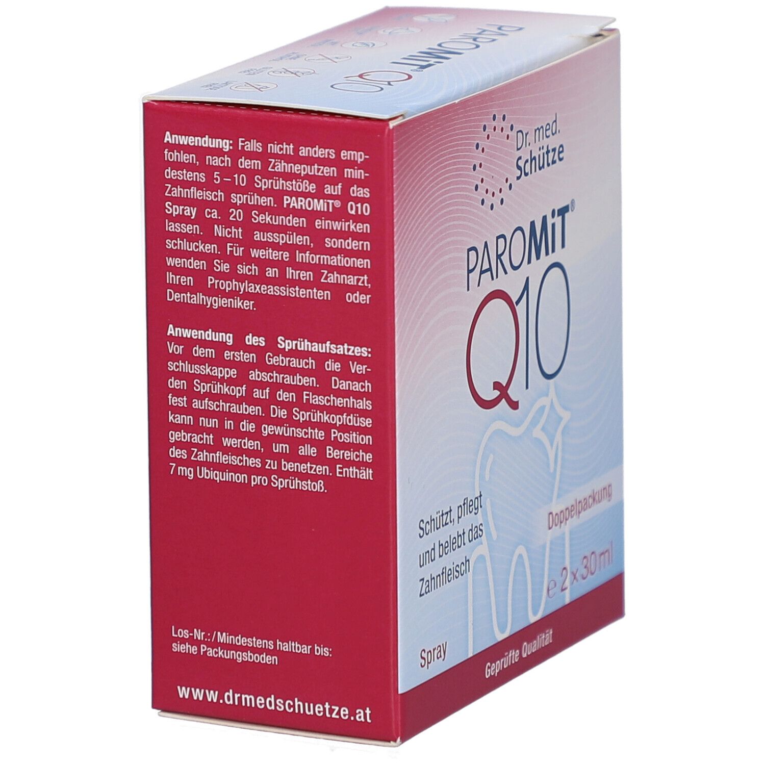 Boîte de PAROMiT Q10. Inscriptions: Utilisation, ingrédients. Logo: Dent avec étoile. Double emballage, 2x30ml. Qualité certifiée.