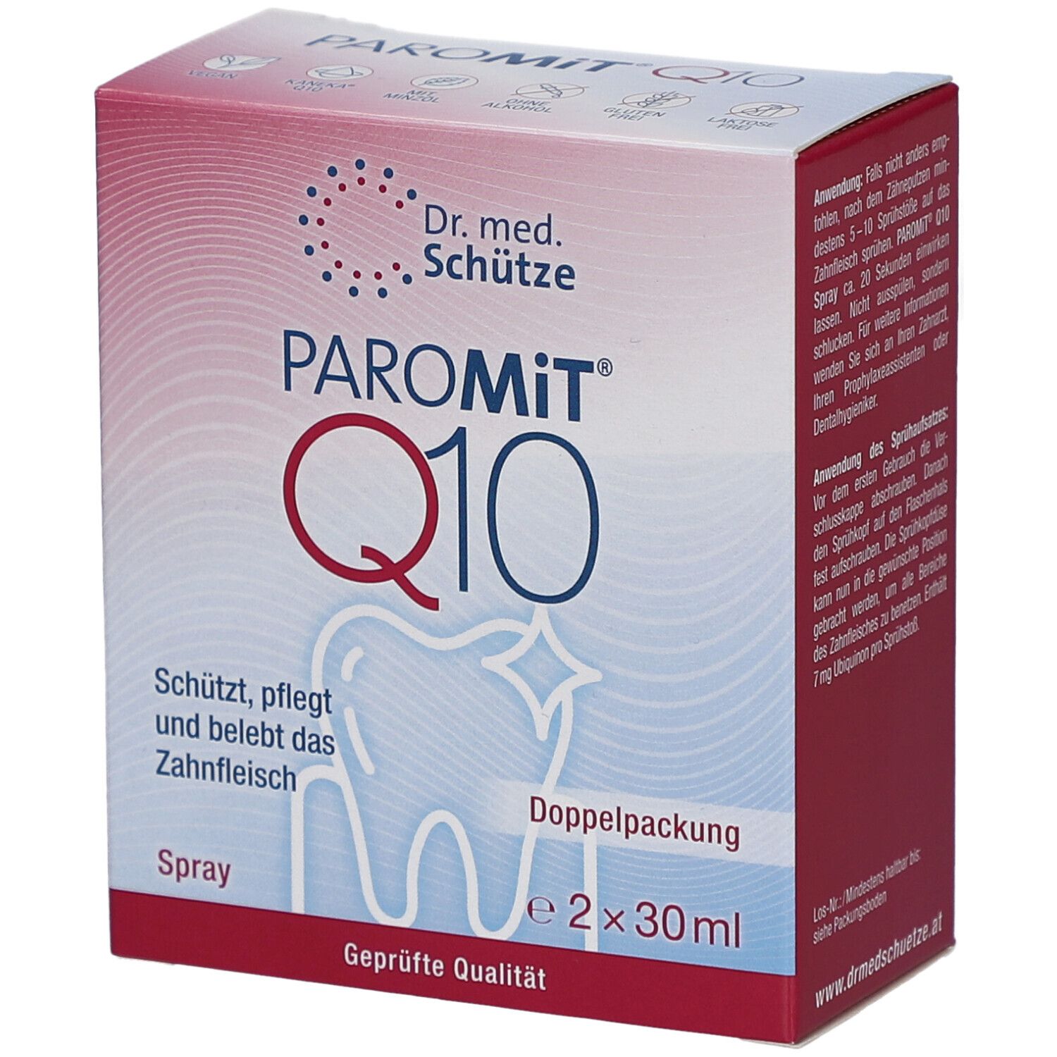 Boîte de PAROMiT Q10. Inscriptions: Utilisation, ingrédients. Logo: Dent avec étoile. Double emballage, 2x30ml. Qualité certifiée.