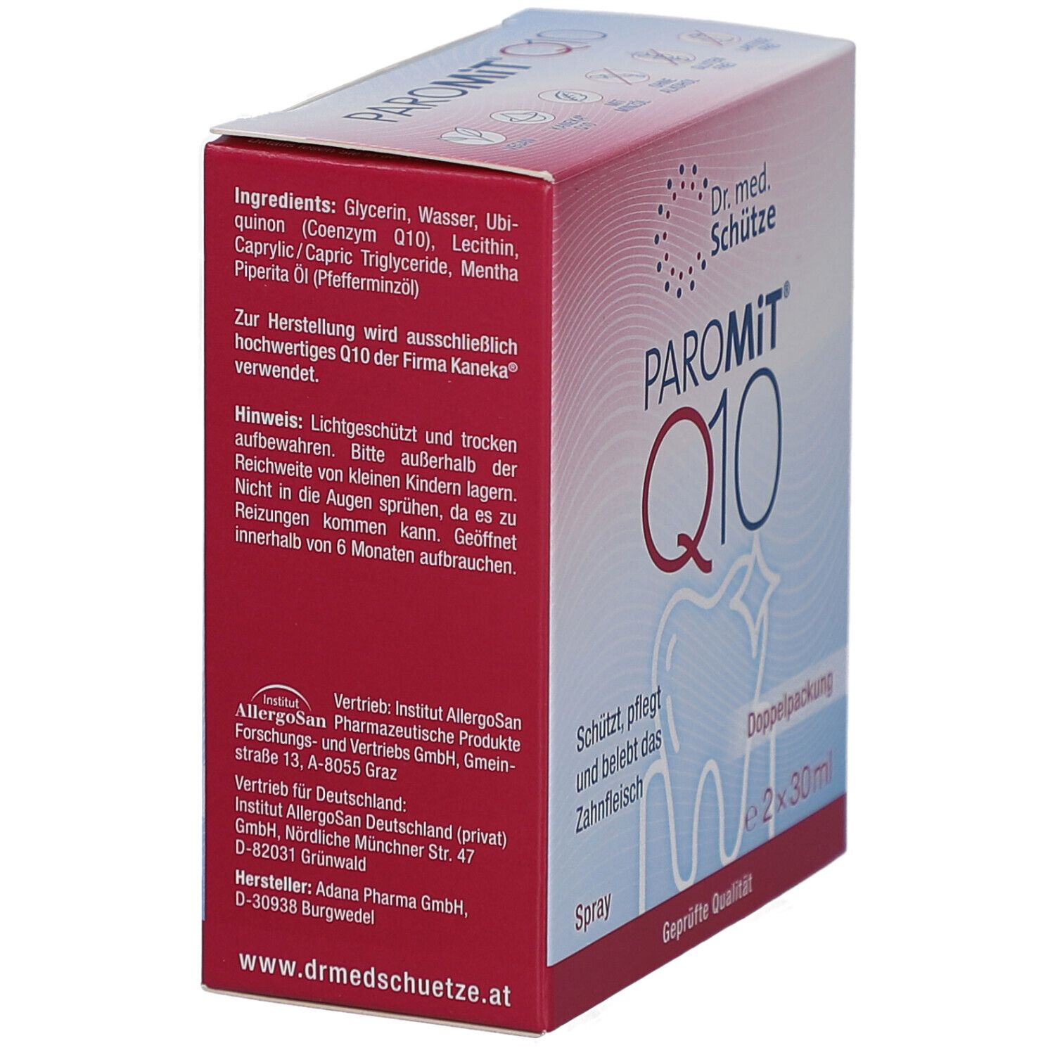 Boîte de PAROMiT Q10. Inscriptions: Ingrédients, conseils. Logo: Dent avec étoile. Double emballage, 2x30ml. Qualité certifiée.