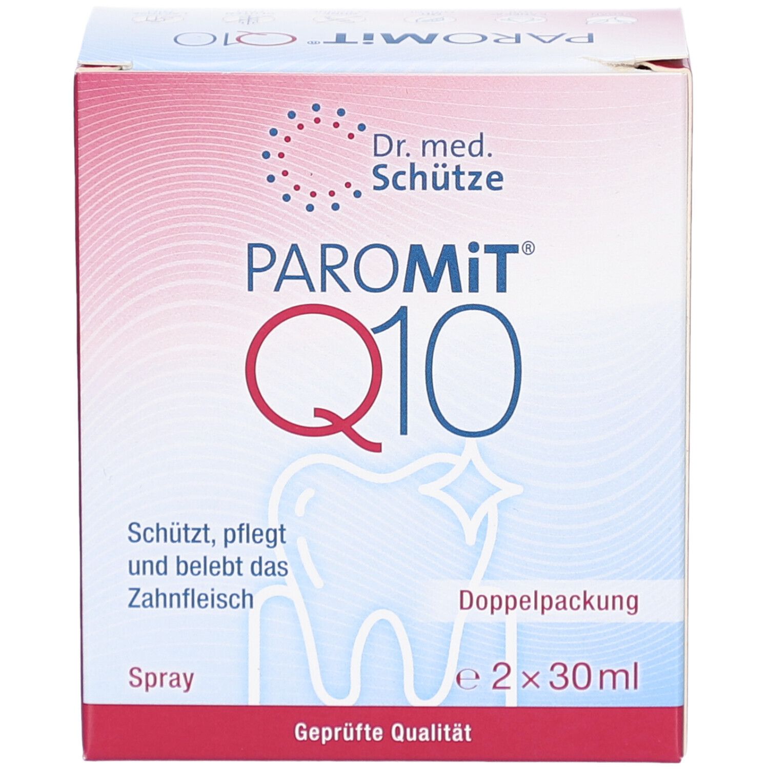 Boîte de PAROMiT Q10. Inscription: Protège, soigne et revitalise les gencives. Logo: Dent avec étoile. Double emballage, 2x30ml. Qualité certifiée.
