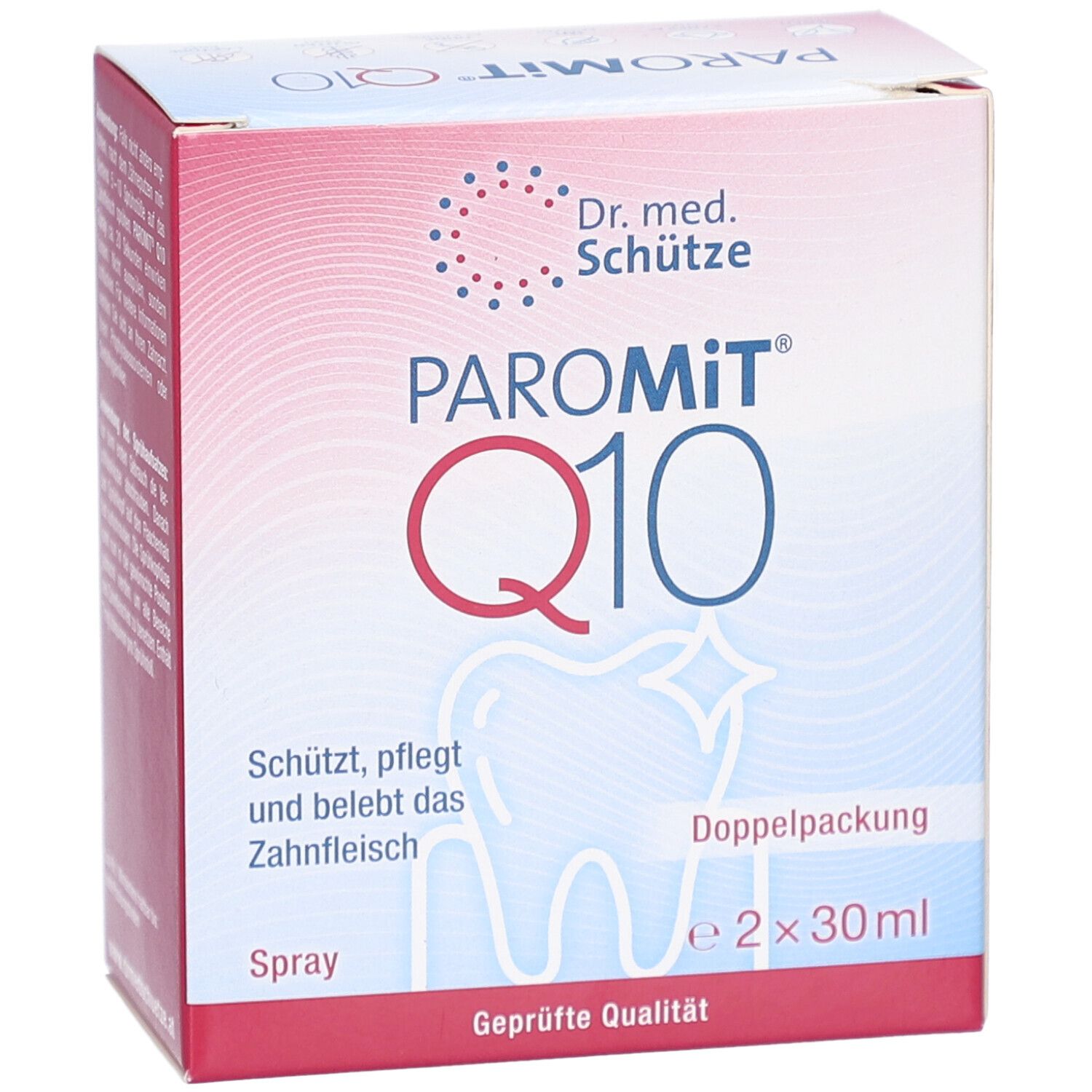 Boîte de PAROMiT Q10. Inscription: Protège, soigne et revitalise les gencives. Logo: Dent avec étoile. Double emballage, 2x30ml. Qualité certifiée.