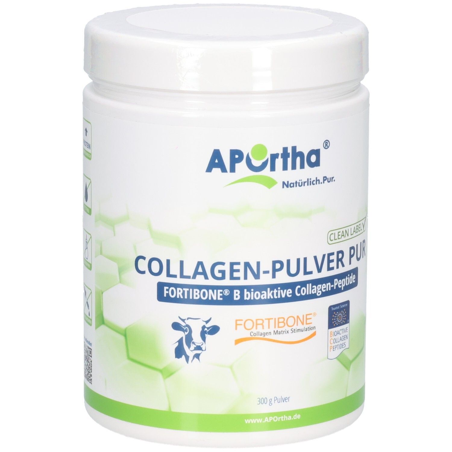 APOrtha® FORTIBONE® B Poudre de collagène PUR dans un récipient blanc avec étiquette.