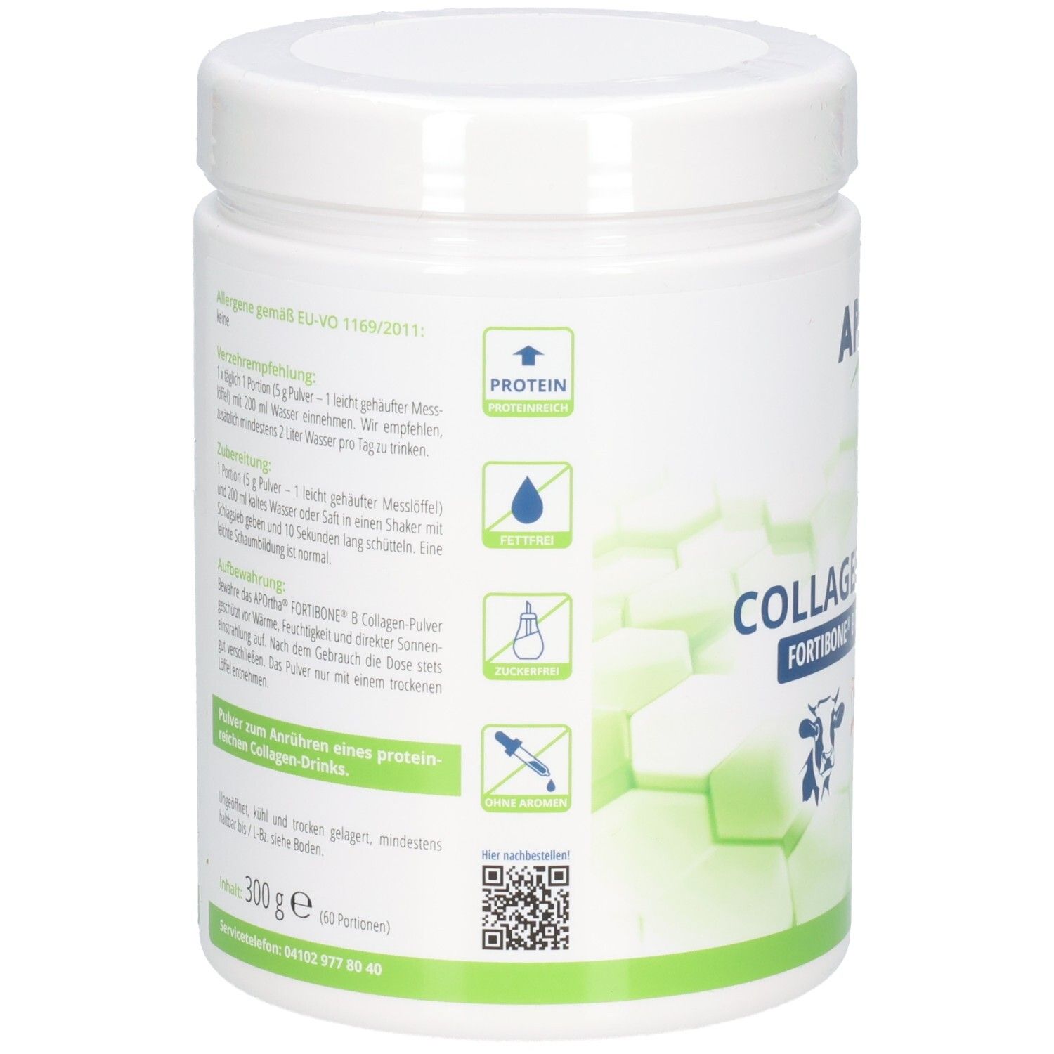 Arrière du récipient APOrtha® FORTIBONE® B Poudre de collagène avec informations.