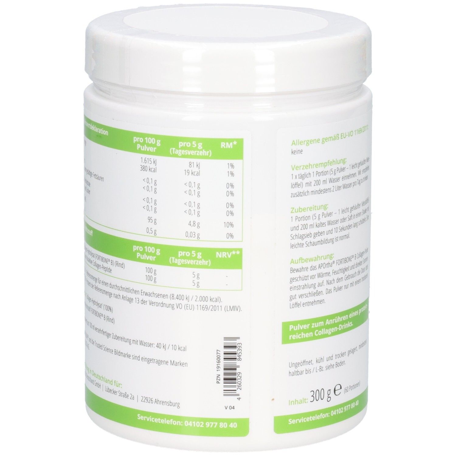 Vue latérale du récipient APOrtha® FORTIBONE® B Poudre de collagène avec informations nutritionnelles.