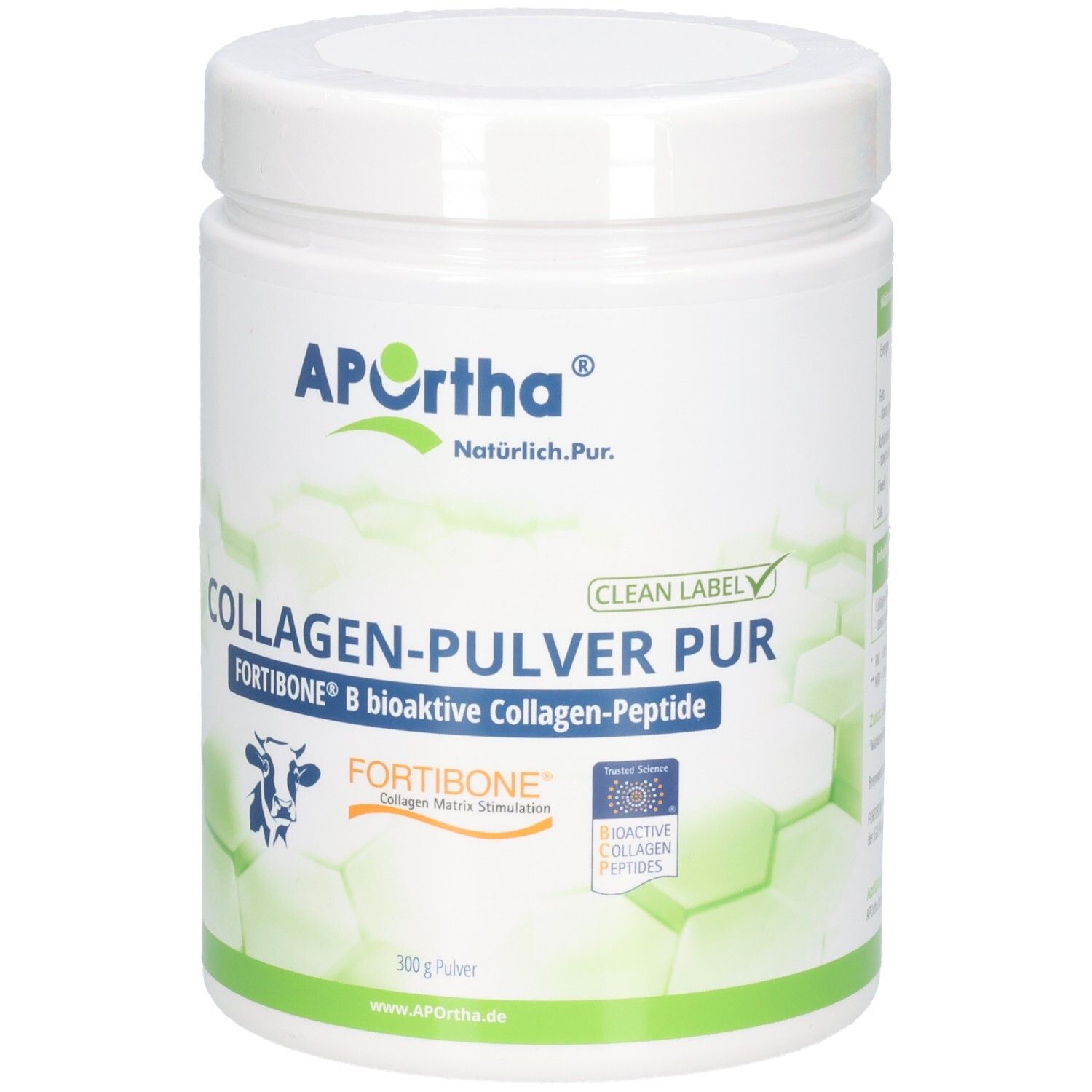 APOrtha® FORTIBONE® B Poudre de collagène PUR avec sceau et symbole de vache.