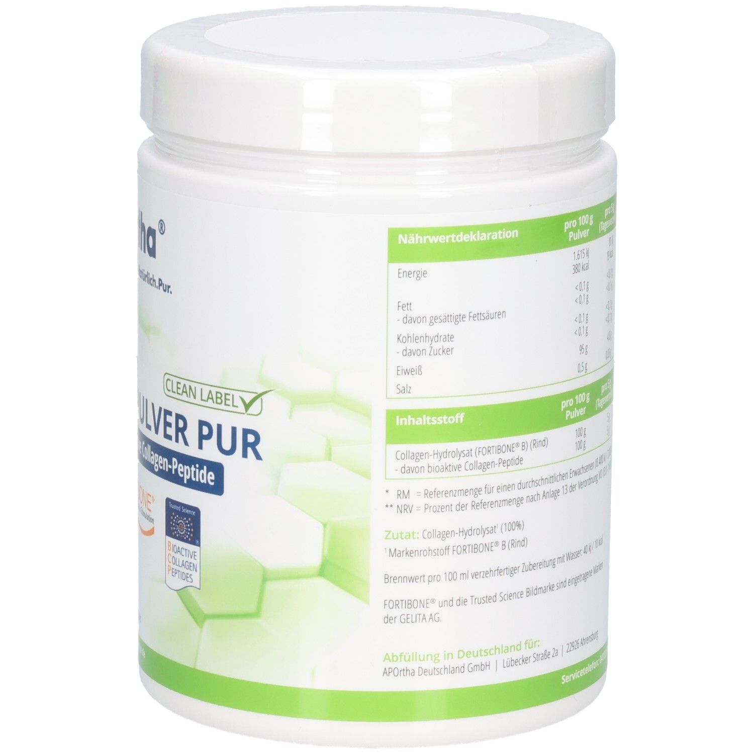 Étiquette du récipient APOrtha® FORTIBONE® B Poudre de collagène avec informations nutritionnelles.
