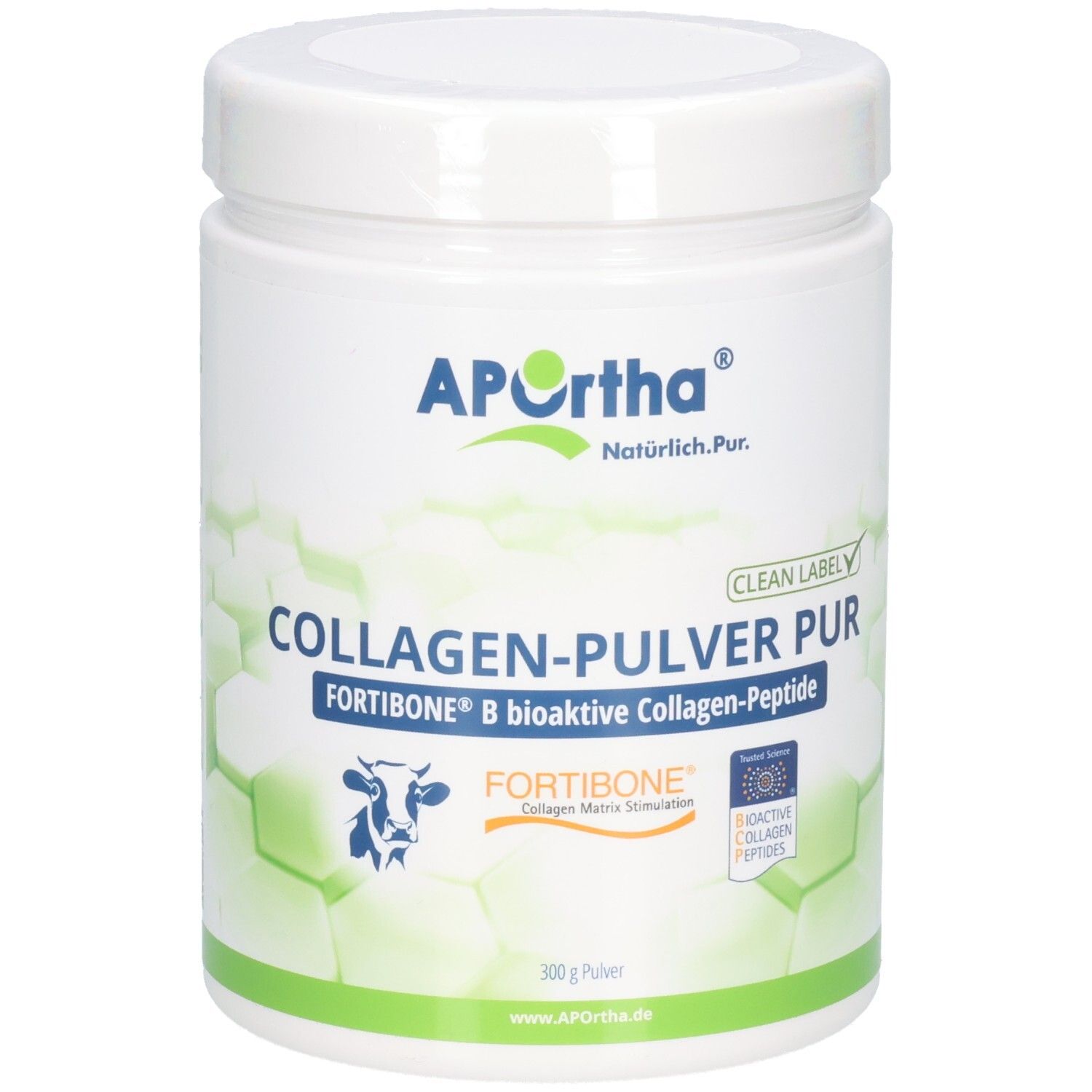 APOrtha® FORTIBONE® B Poudre de collagène PUR avec sceau et symbole de vache.