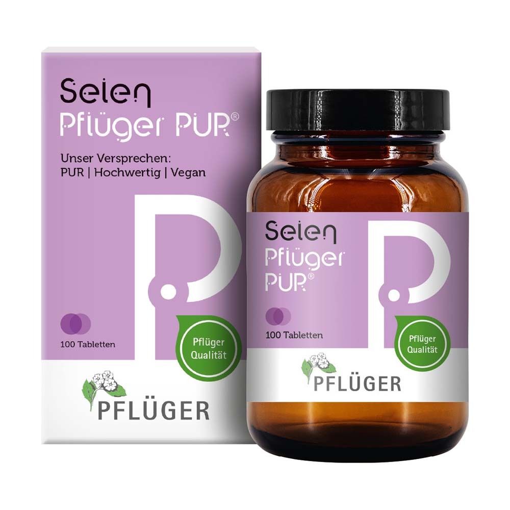Selen Pflüger PUR Tabletten und Verpackung. Lila und weiß. 100 Tabletten. Pflüger Qualität.