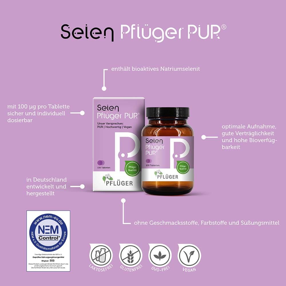 Selen Pflüger PUR Tabletten und Verpackung. Diagramm mit Informationen. NEM-Control Siegel.