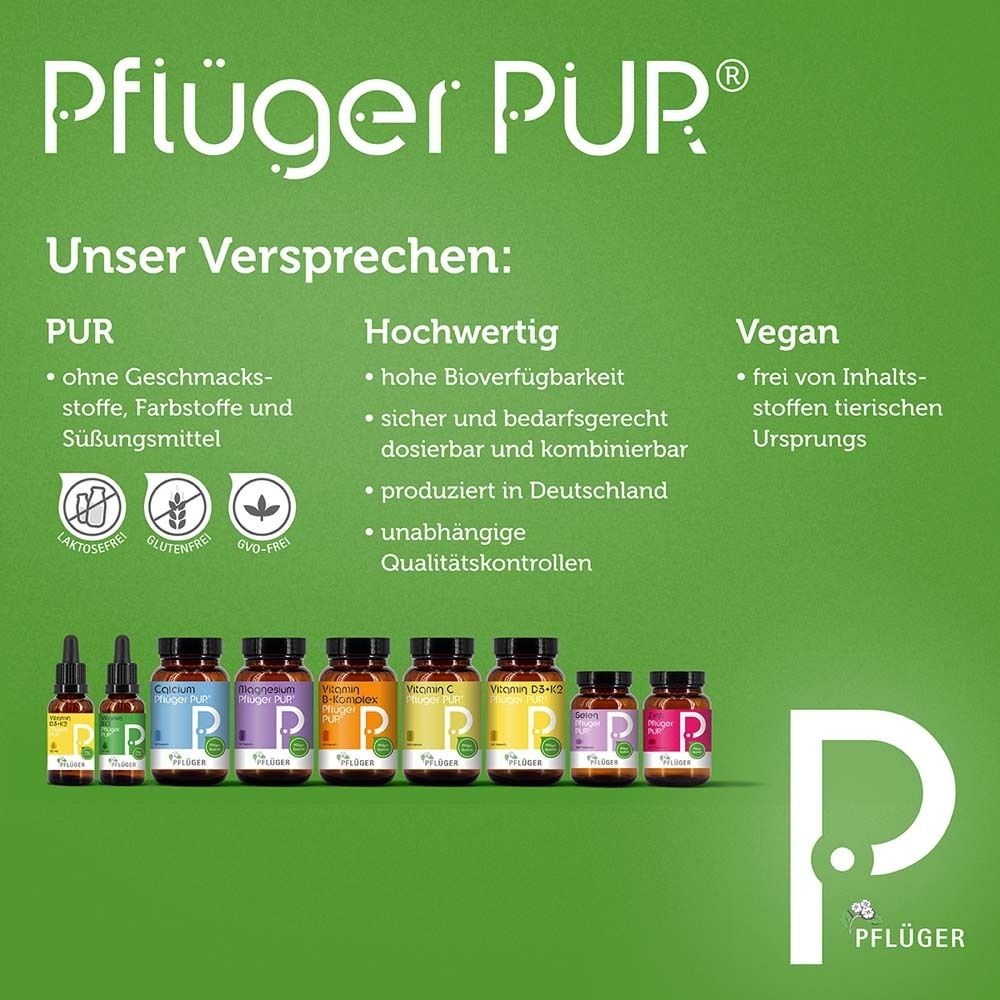 Verschiedene Pflüger PUR Produkte. Flaschen und Verpackungen. Grün und weiß. Vegan.
