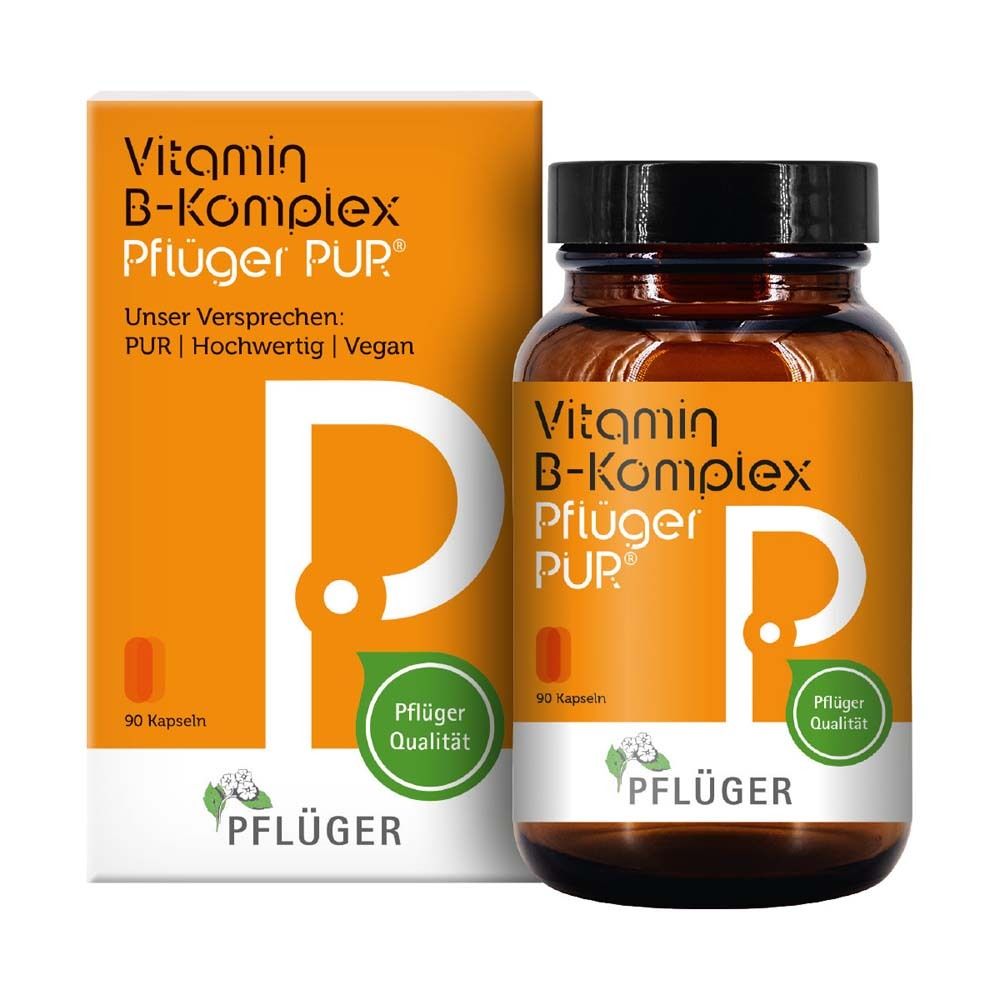 Vitamin B-Komplex Pflüger® PUR. Orangefarbene Verpackung und Braunglasflasche mit Kapseln. Pflüger Qualität.