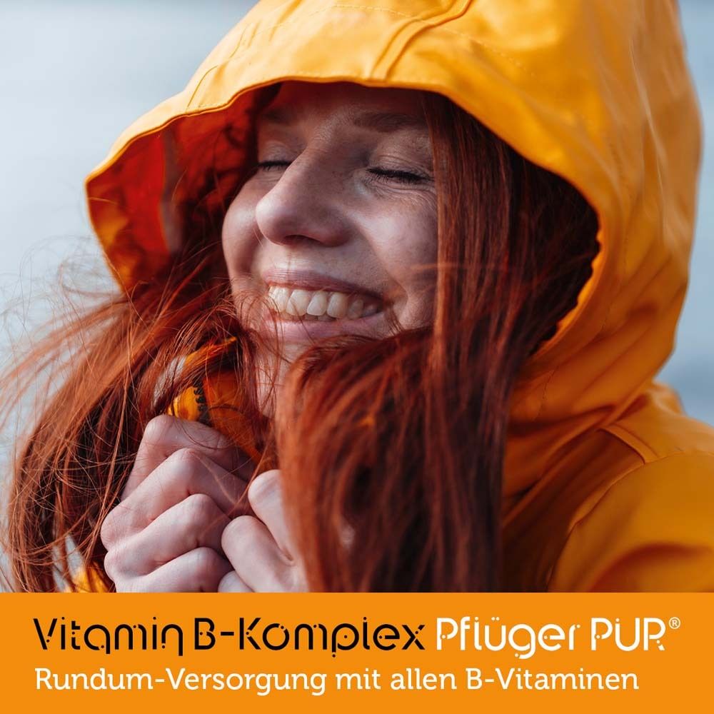 Frau in gelber Jacke. Text: Vitamin B-Komplex Pflüger® PUR. Rundum-Versorgung mit allen B-Vitaminen.