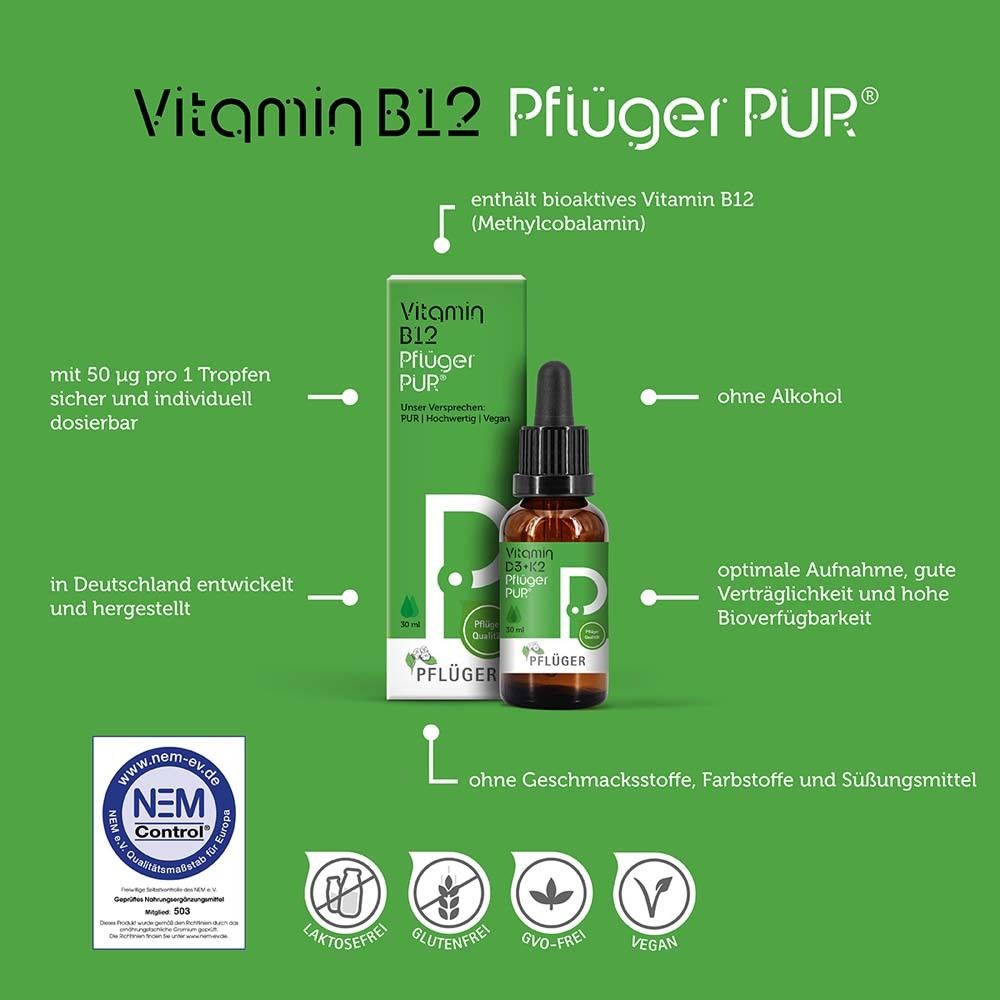 Vitamin B12 Pflüger® PUR. Flacon compte-gouttes et emballage. Informations sur le produit. Logos et texte.