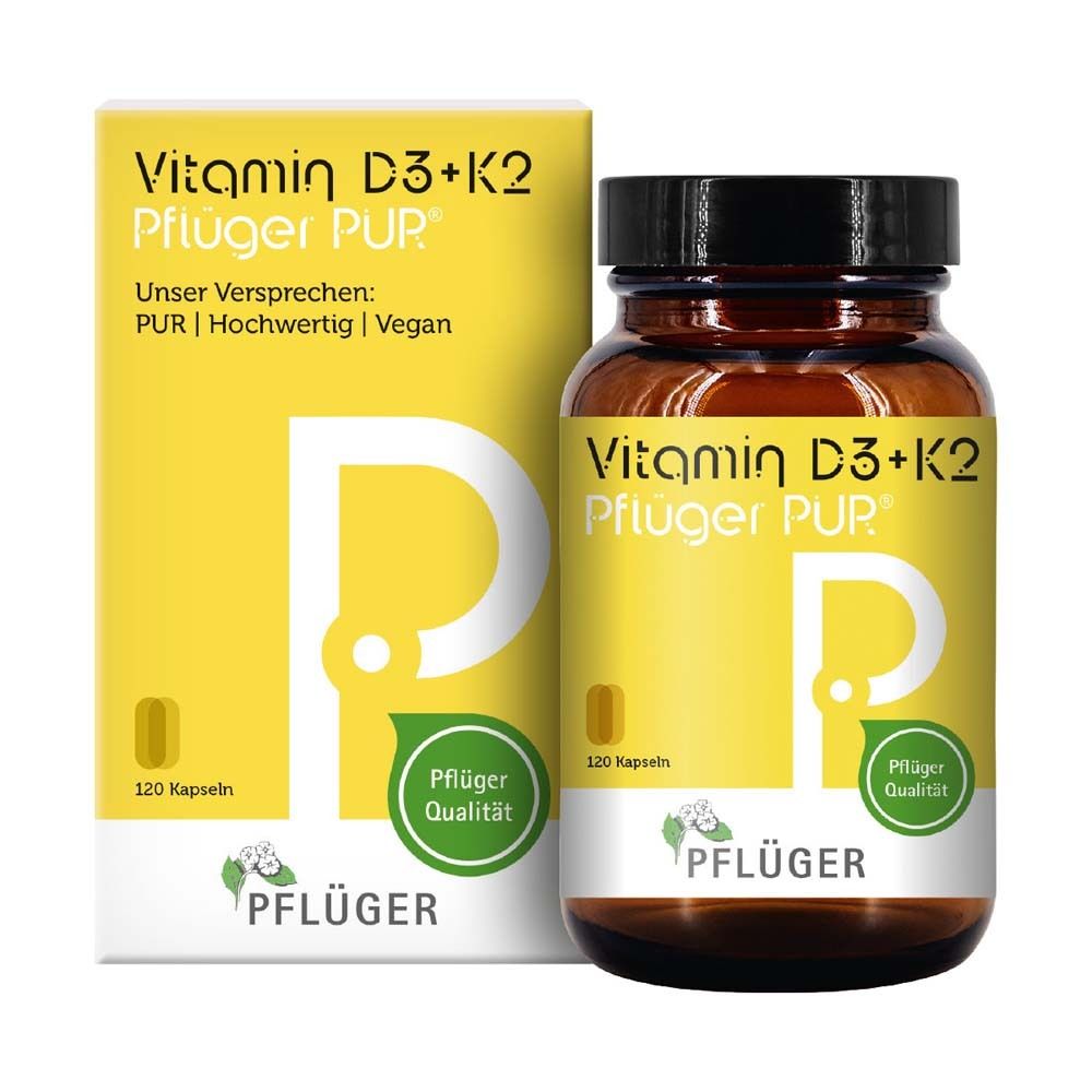 Flacon en verre brun et boîte jaune avec Vitamin D3+K2 Pflüger PUR. 120 gélules. Pflüger Qualité.