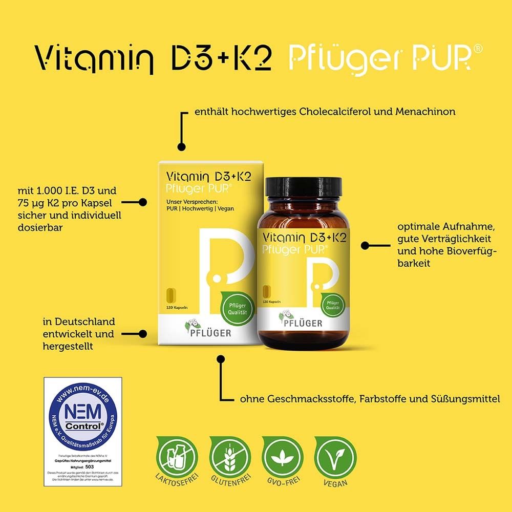 Vitamin D3+K2 Pflüger PUR. Flacon et boîte. Texte : Haute qualité, Vegan, sans additifs. Sceau NEM Control.
