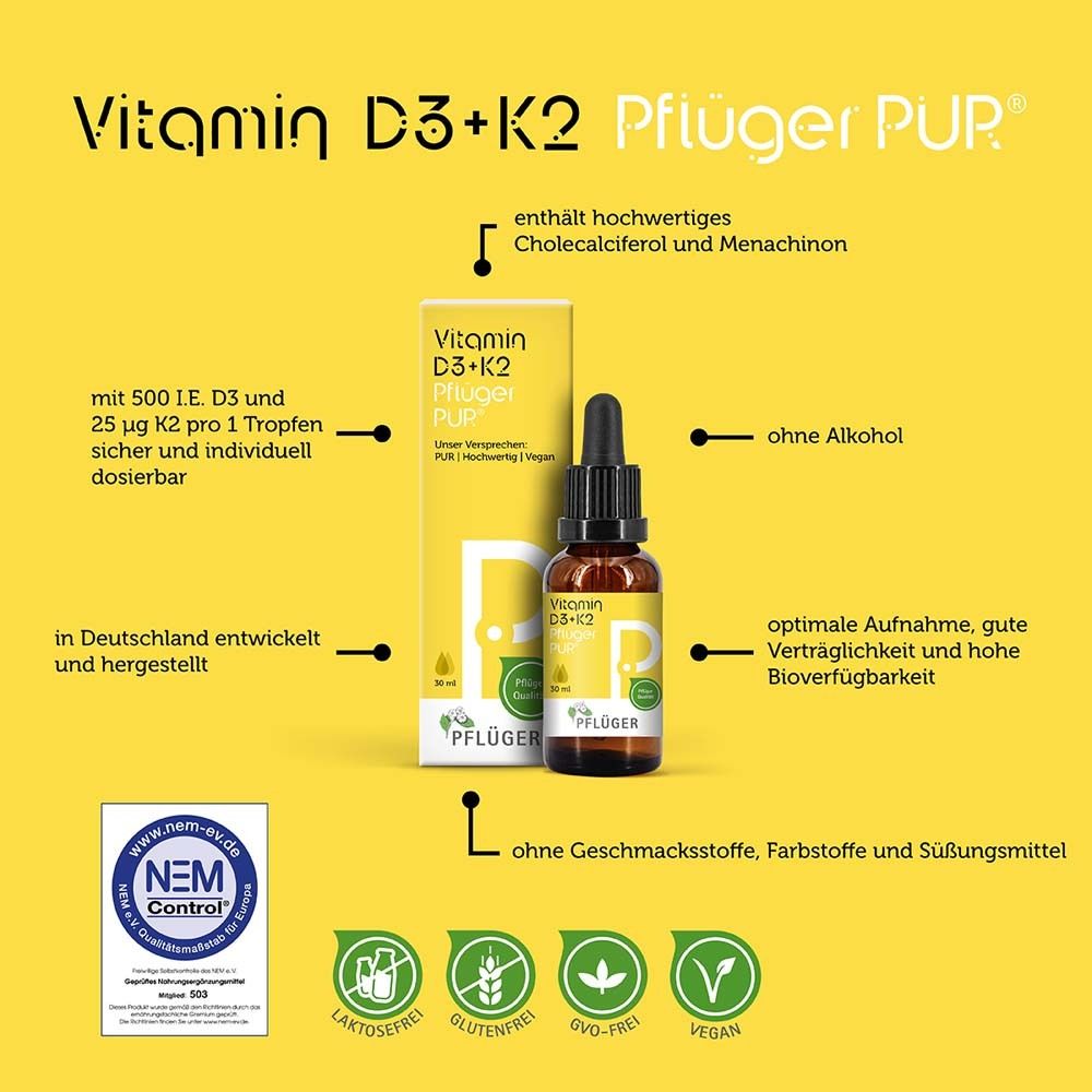 Produkt mit gelber Verpackung und brauner Flasche. Aufschrift: Vitamin D3+K2 Pflüger PUR. Logos und Text.