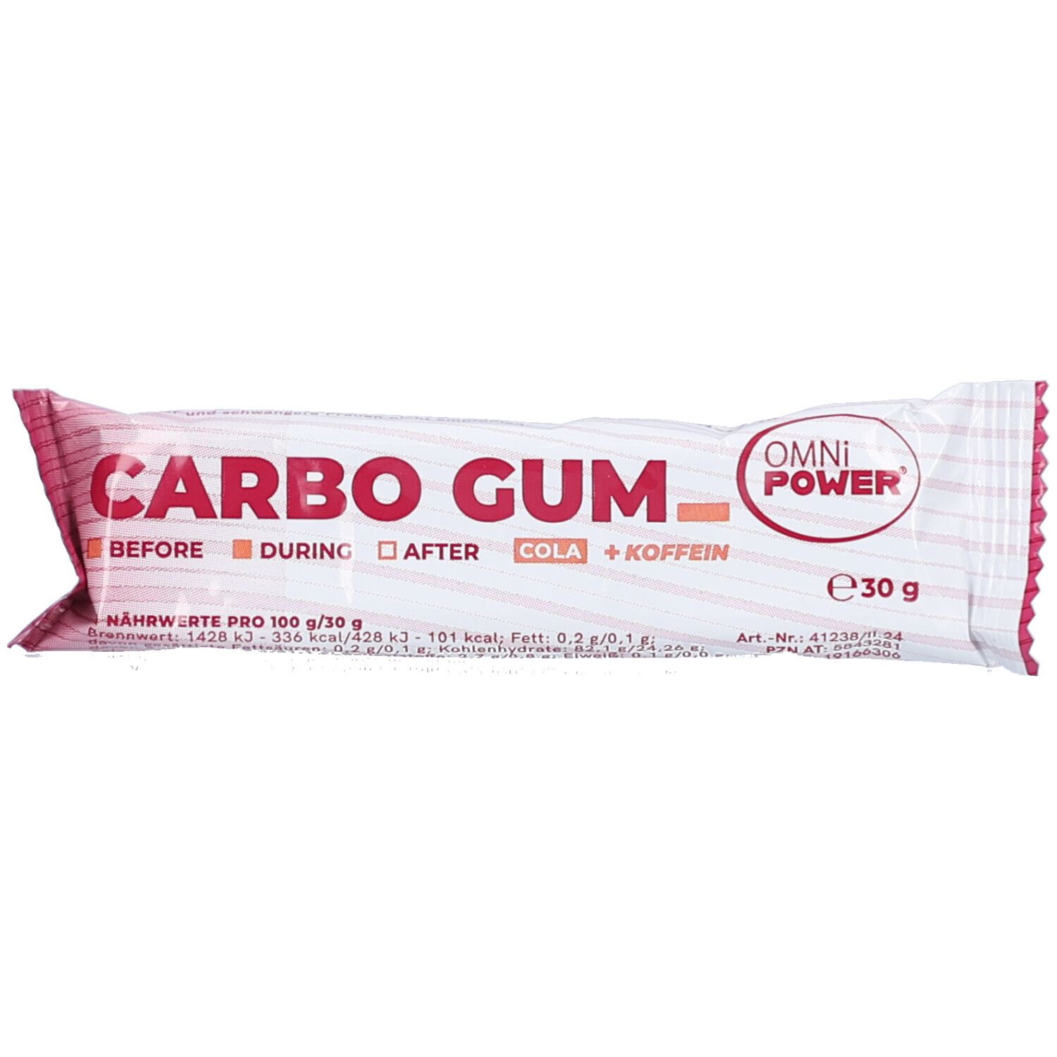 Riegelverpackung mit Aufschrift "CARBO GUM Cola + Koffein". OMNI POWER Logo. 30g. Rosa und weiß.